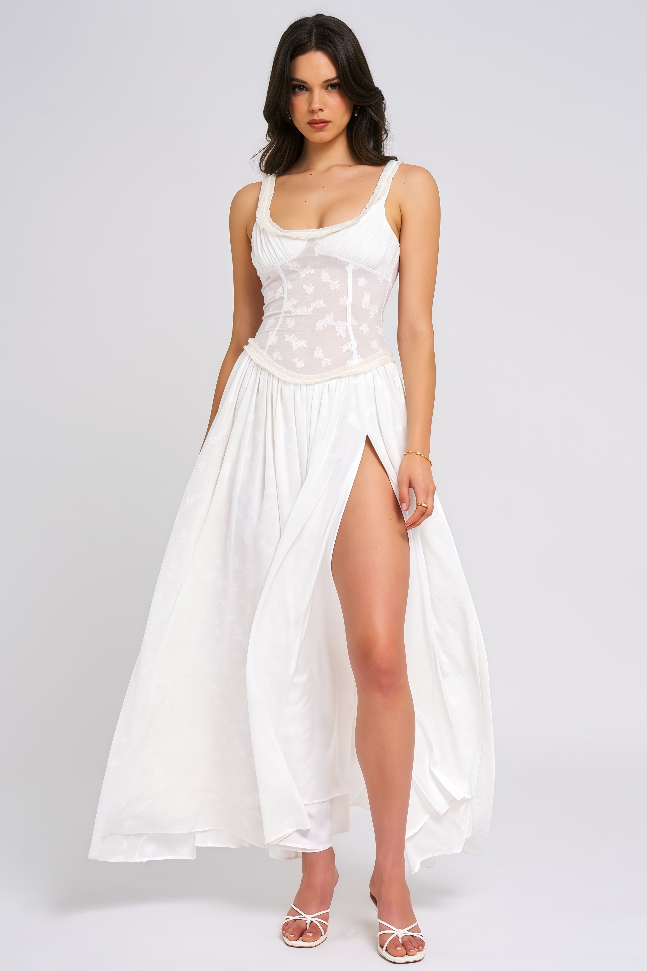 Zaire White Square Neck High Slit Maxi Dress