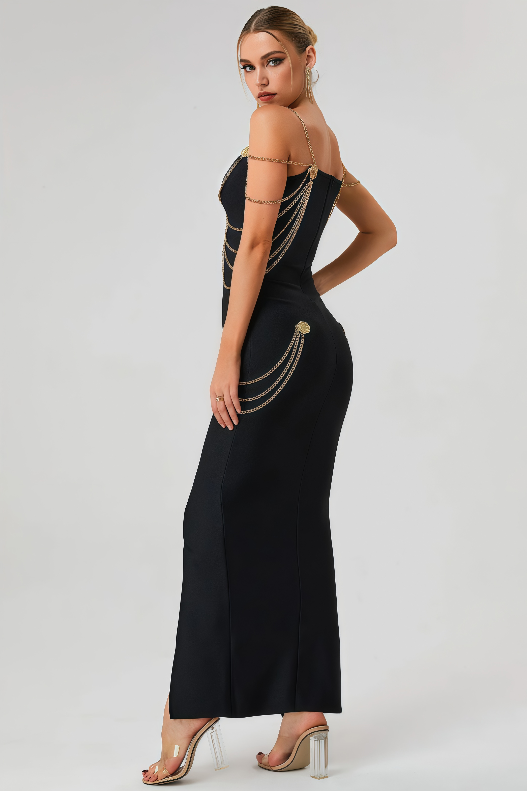 Riven Gold Chain Bandage Maxi Dress