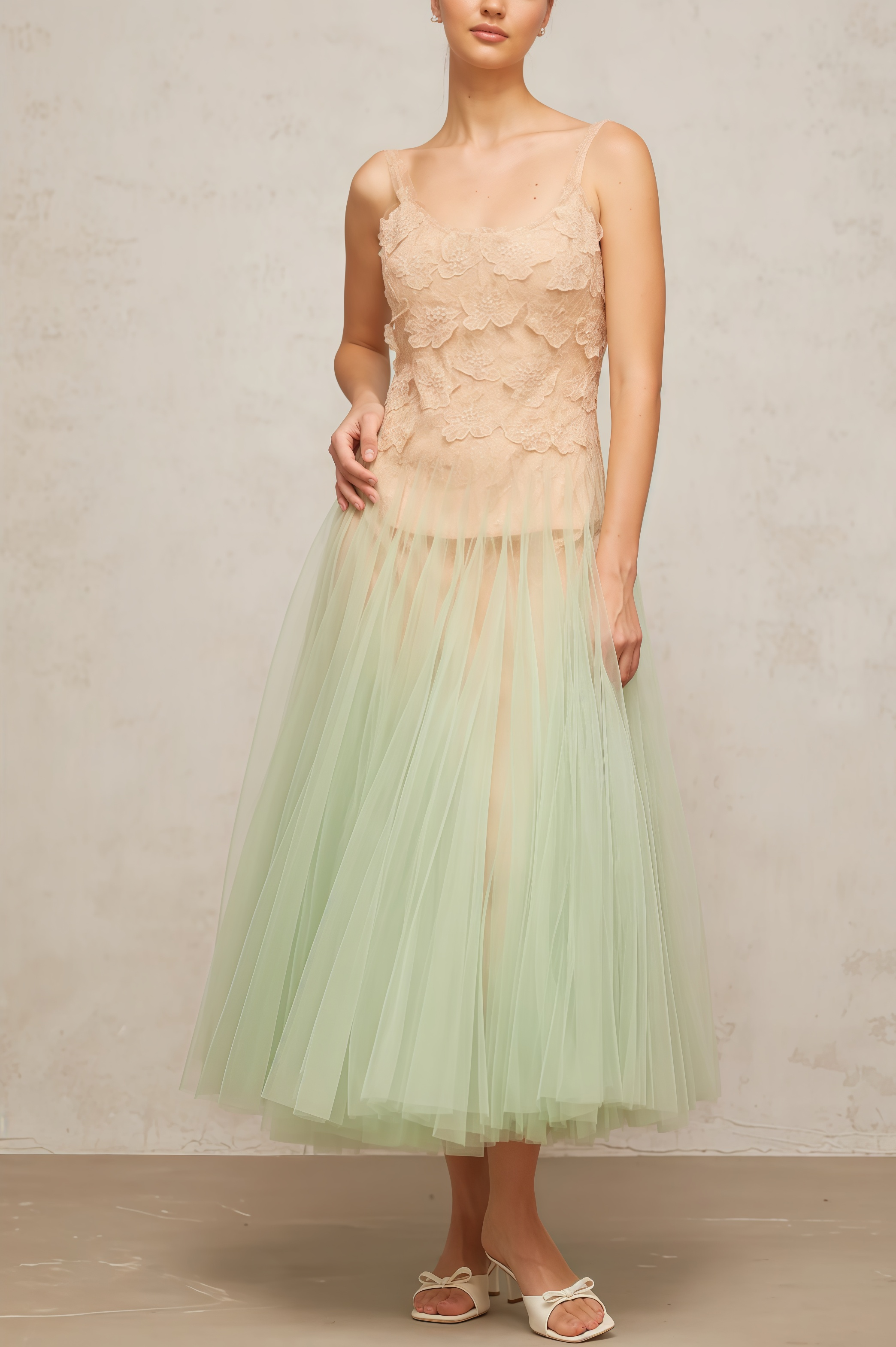 Ylane Halter Mesh Puff Maxi Dress