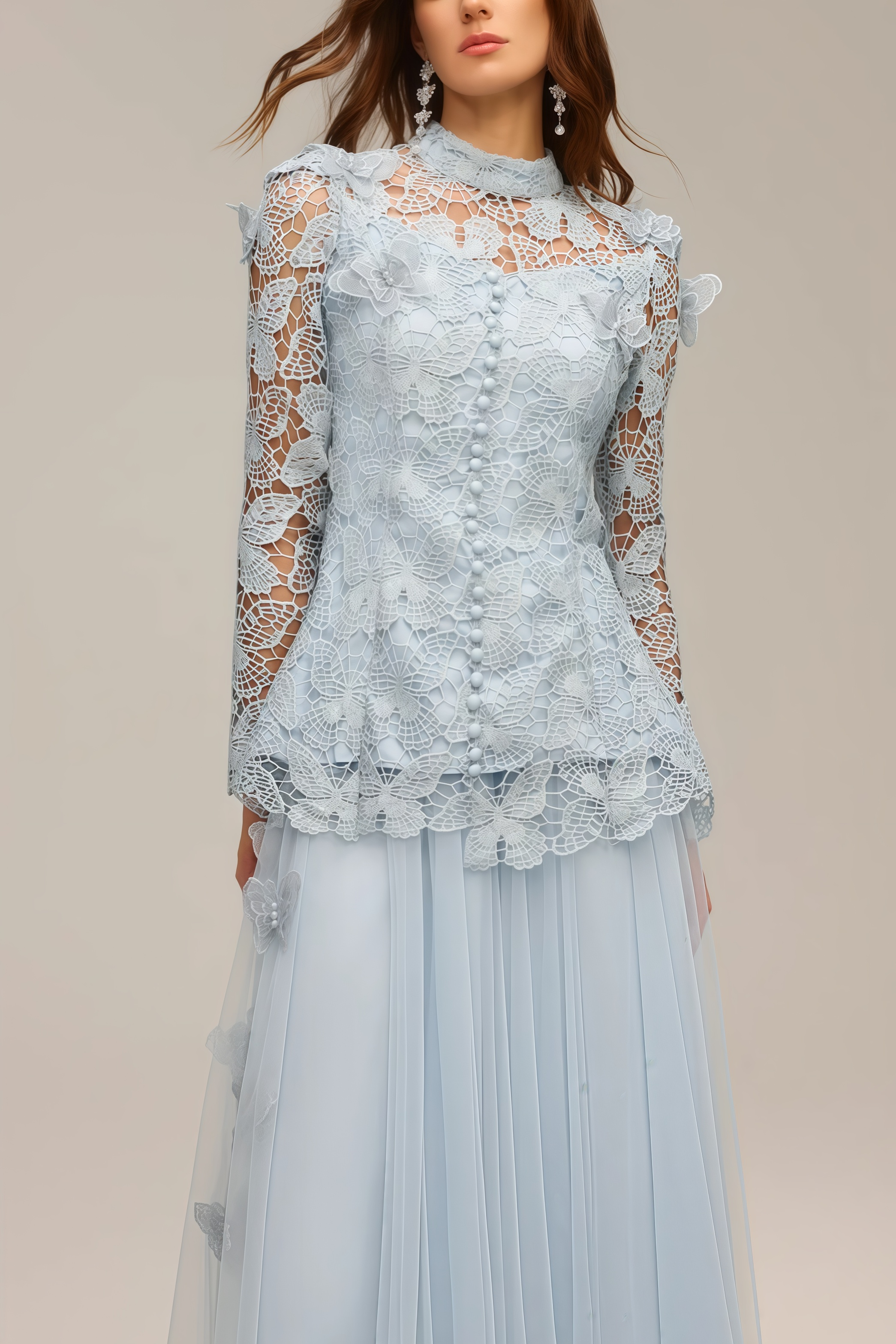 Hurof Folds Lace Butterfly Top Dress Two-Piece Set