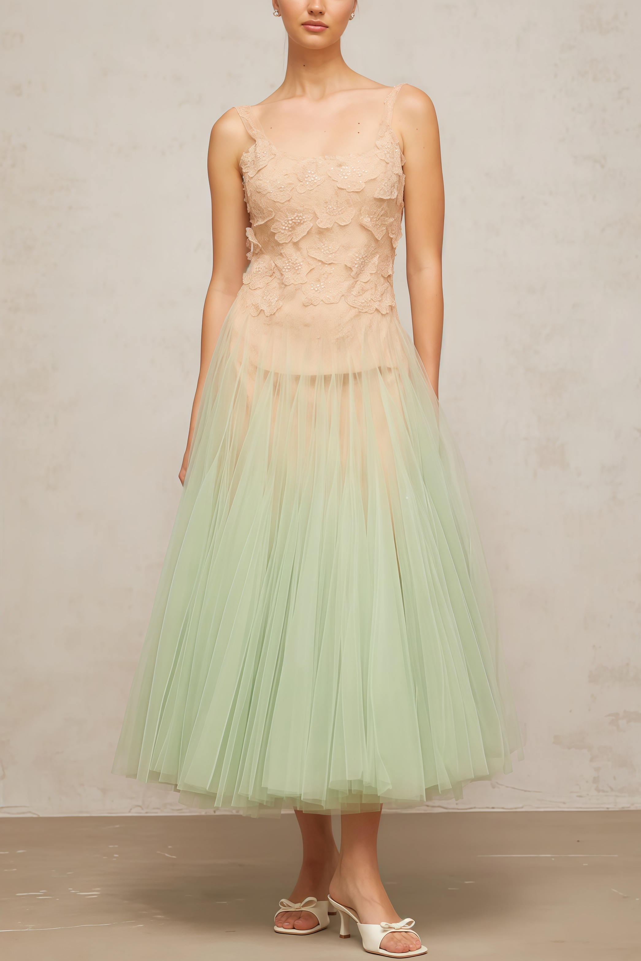 Ylane Halter Mesh Puff Maxi Dress