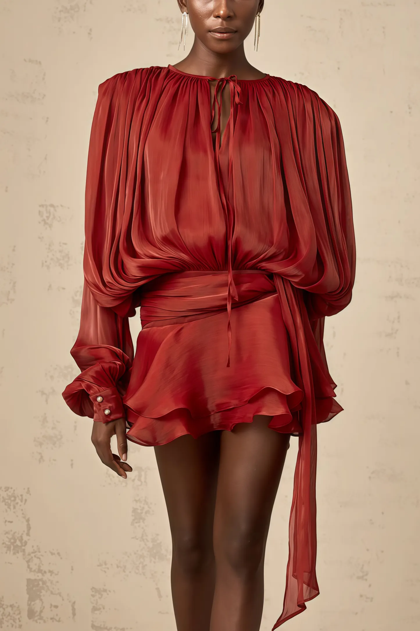 Theodosia Red Pleated Ruffle Mini Dress