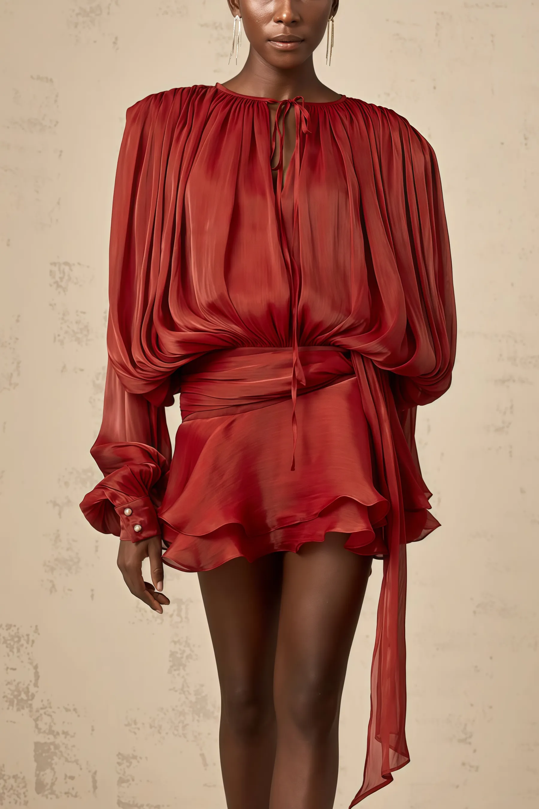 Theodosia Red Pleated Ruffle Mini Dress