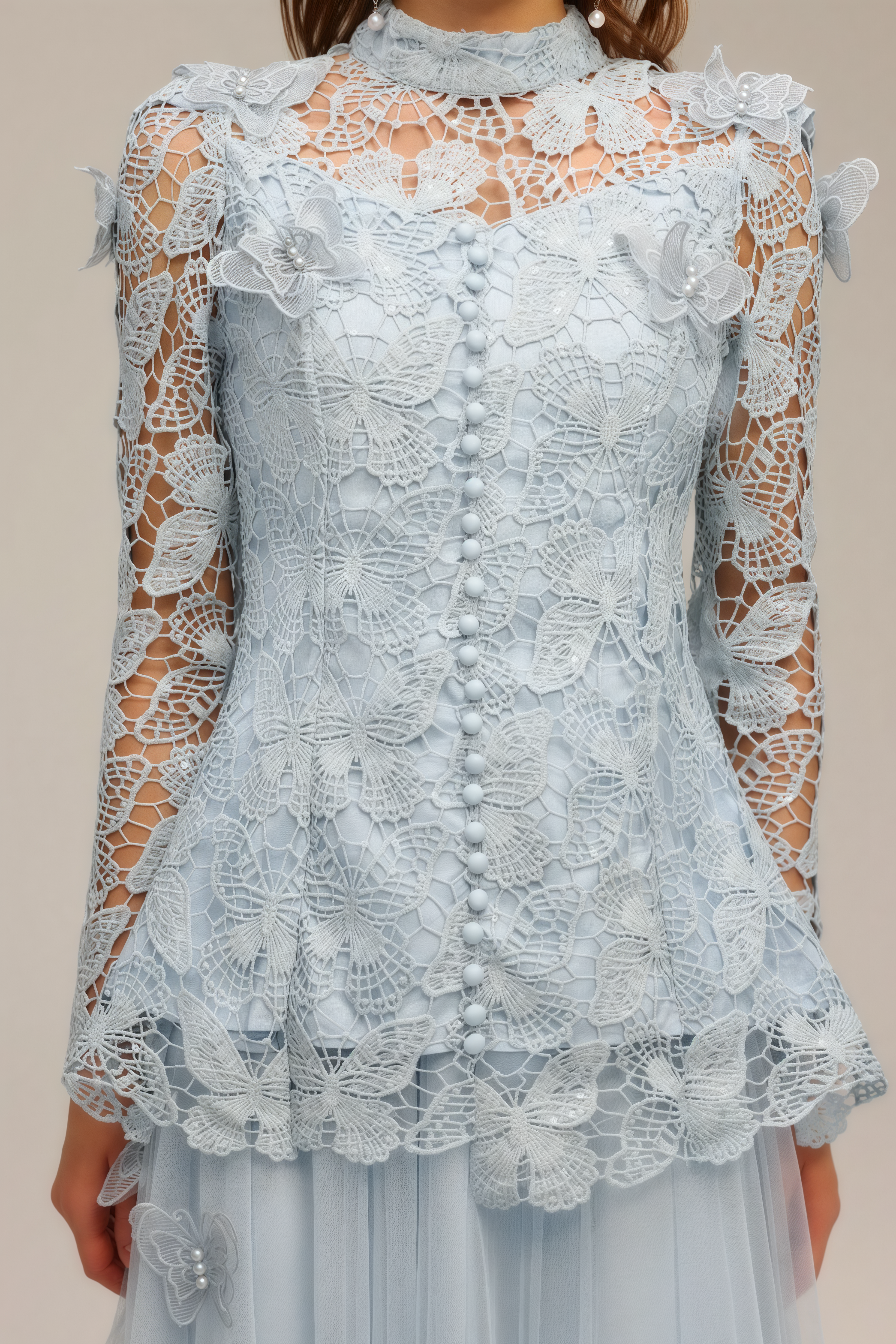 Hurof Folds Lace Butterfly Top Dress Two-Piece Set
