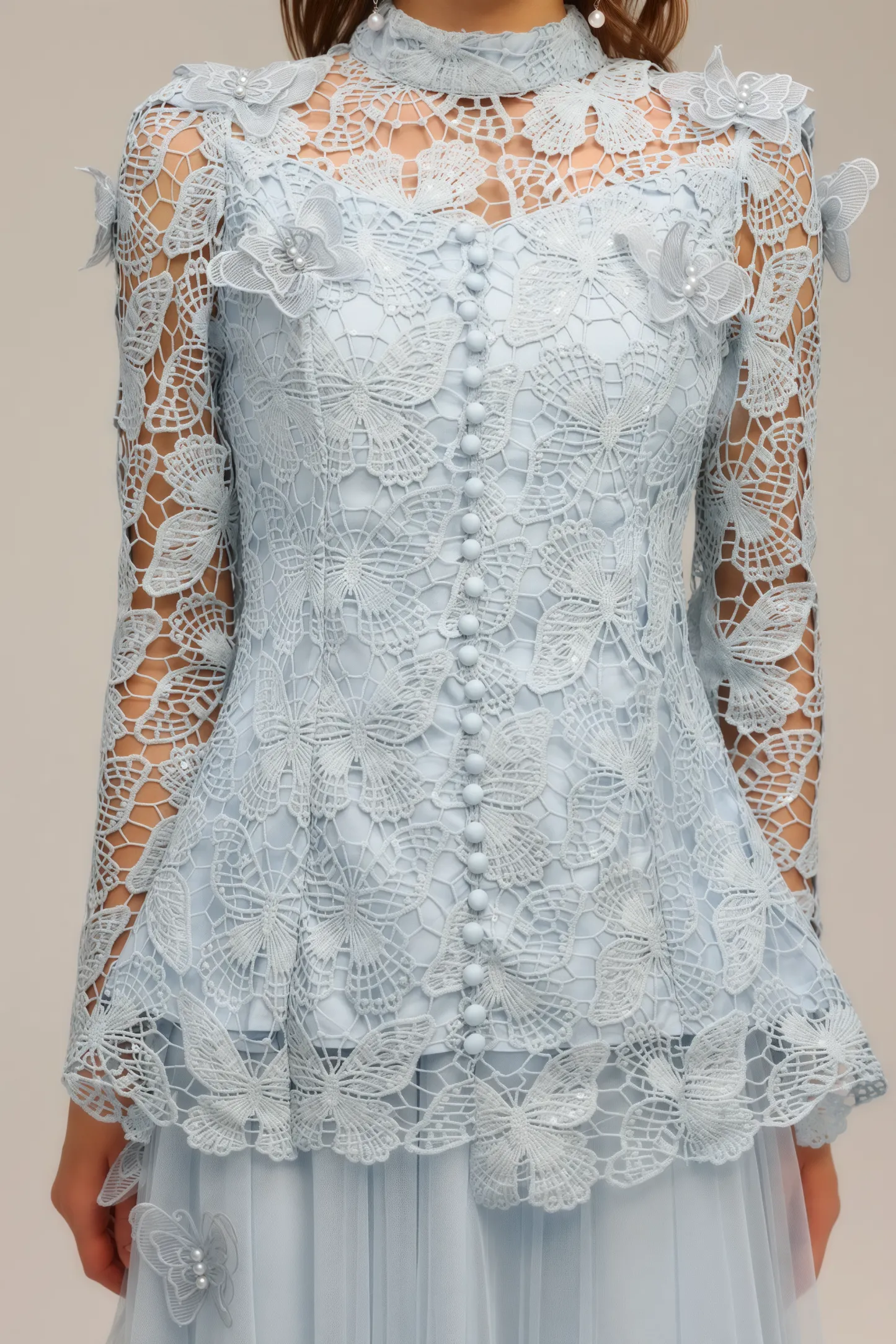 Hurof Folds Lace Butterfly Top Dress Two-Piece Set
