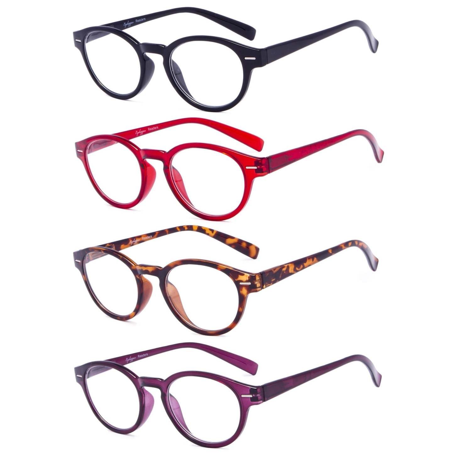 4 Pack Oval Reading Glasses Retro Readers- Acrylic lens, plastic frame with spring hinges Frame width about 5 3/8 inches (137mm) Lens width about 1 7/8 inches (47mm) Lens height about 1 7/16 inches (37mm) Bridge(DBL) about 9/16 inches (15mm) Temple length