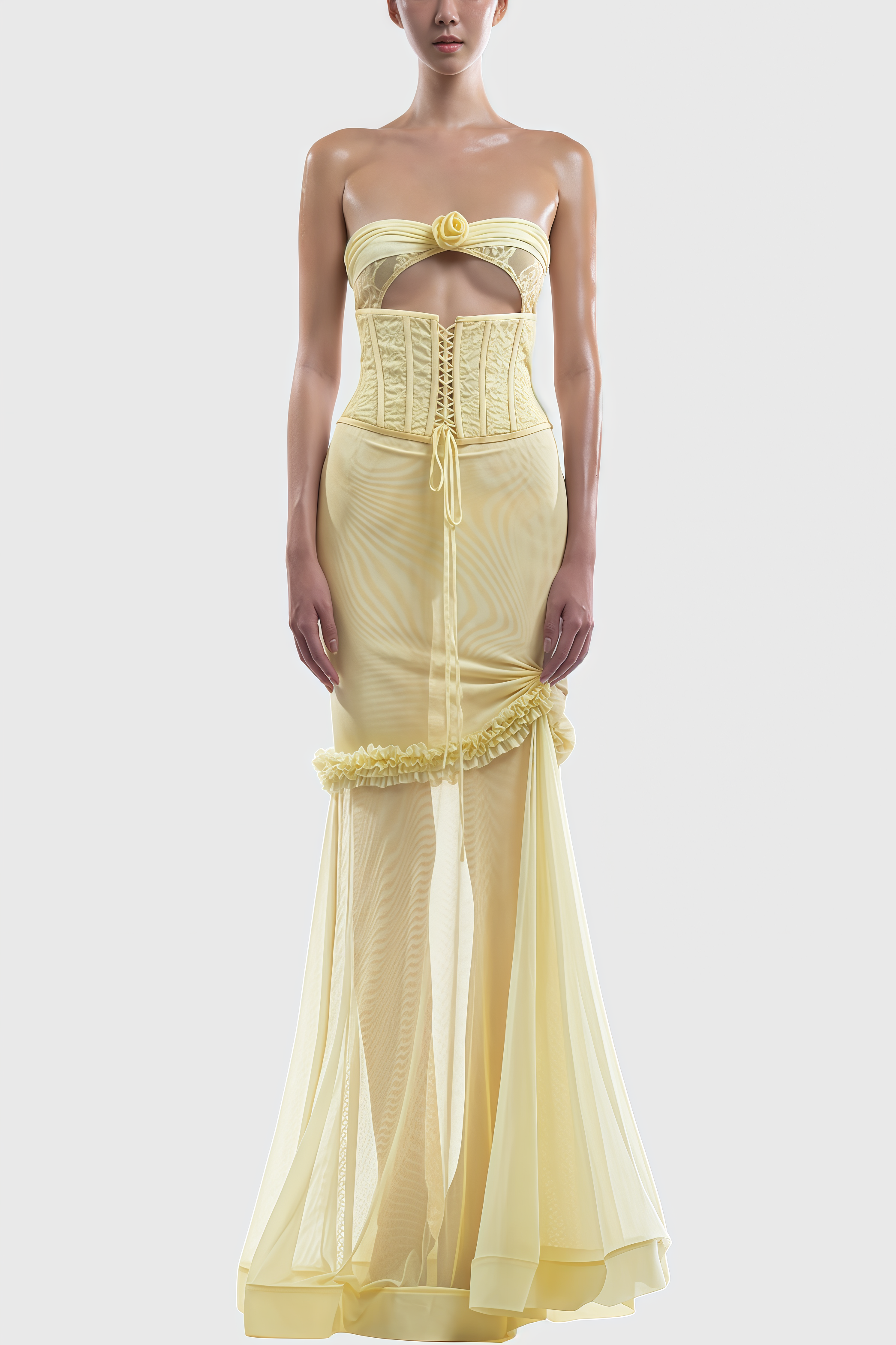 Solalf Yellow Embroidered 3D Flower Maxi Dress