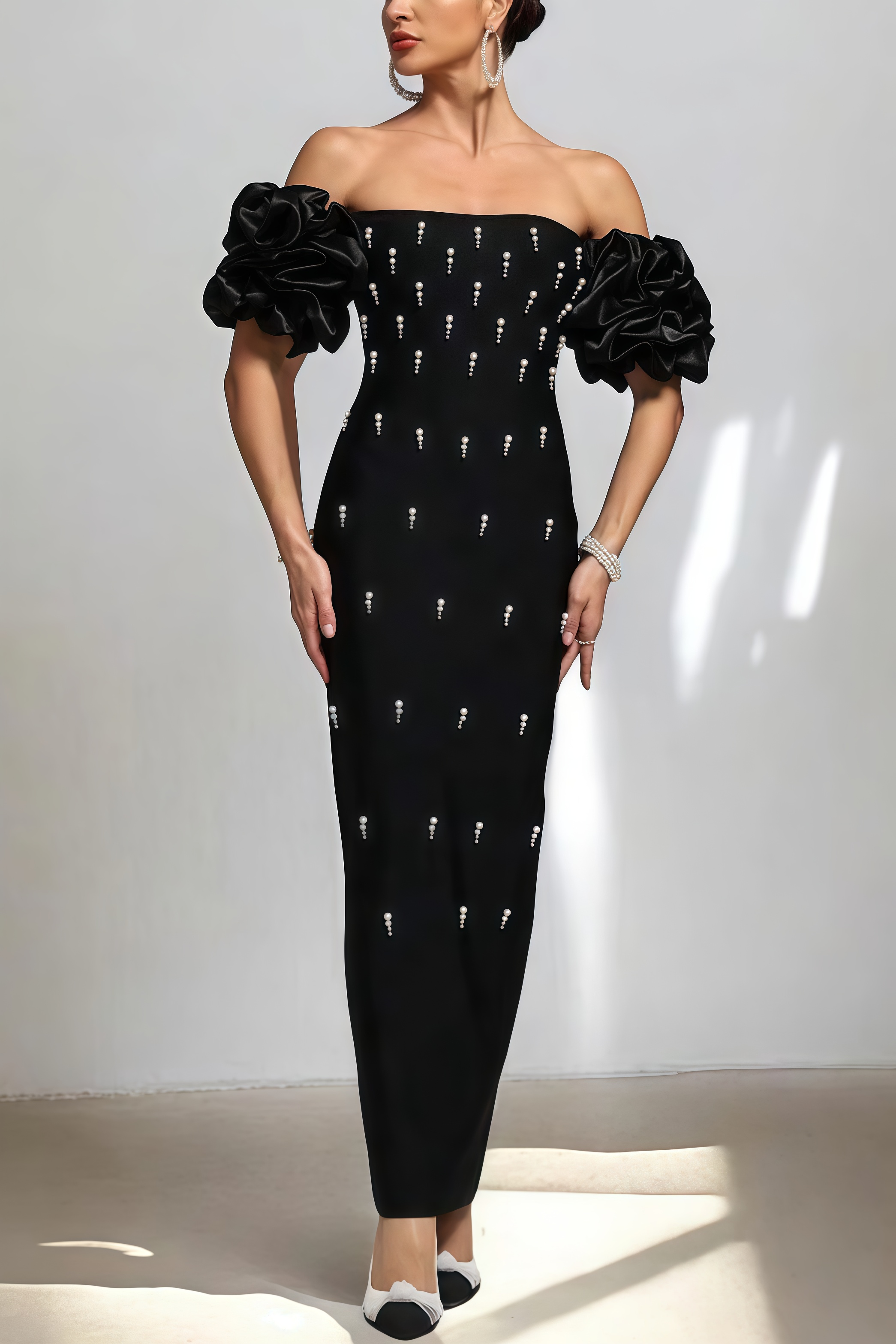 Helesa Off Shoulder Pearl Bandage Maxi Dress