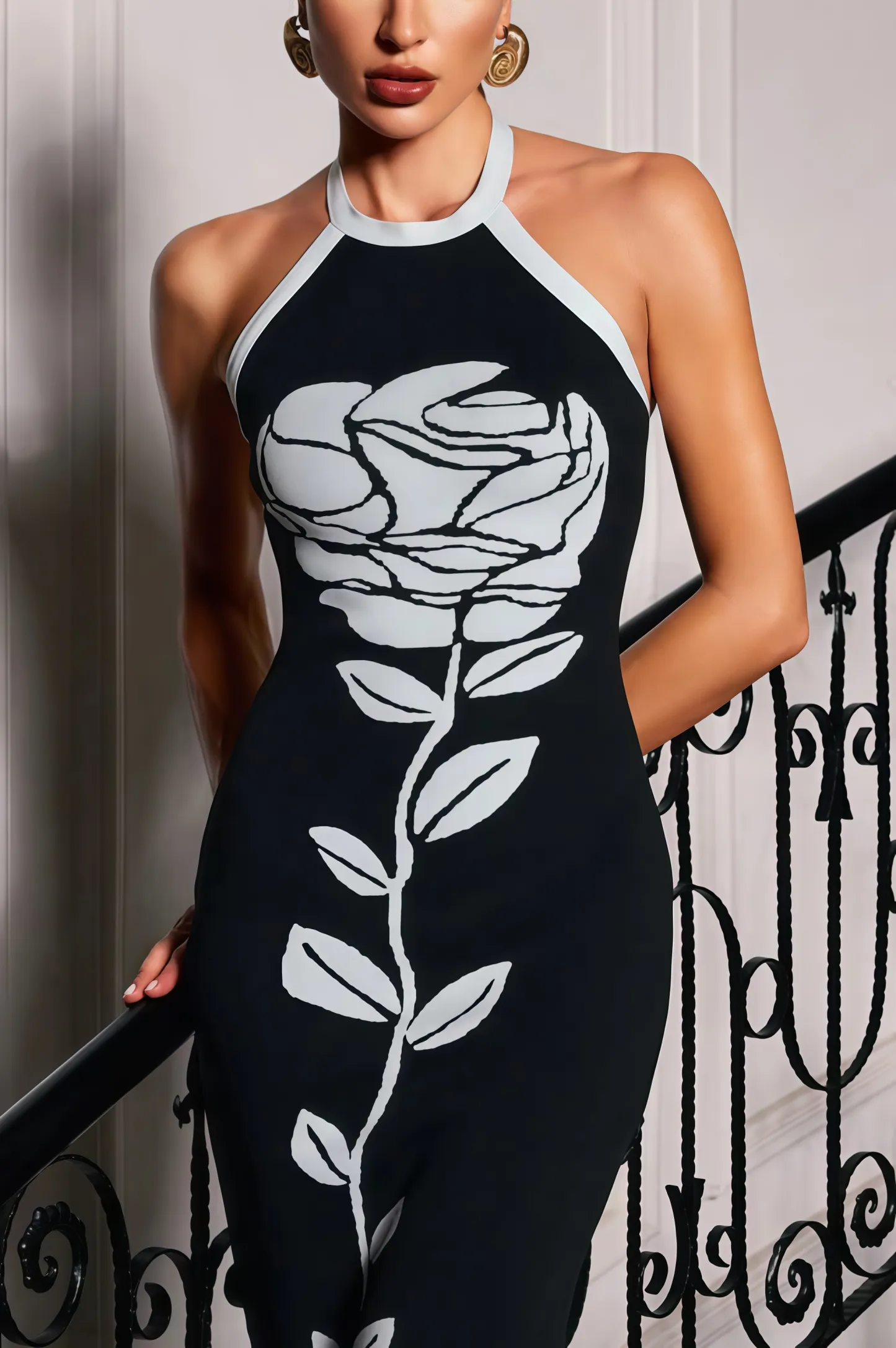 Jeston Halterneck Flower Bandage Midi Dress