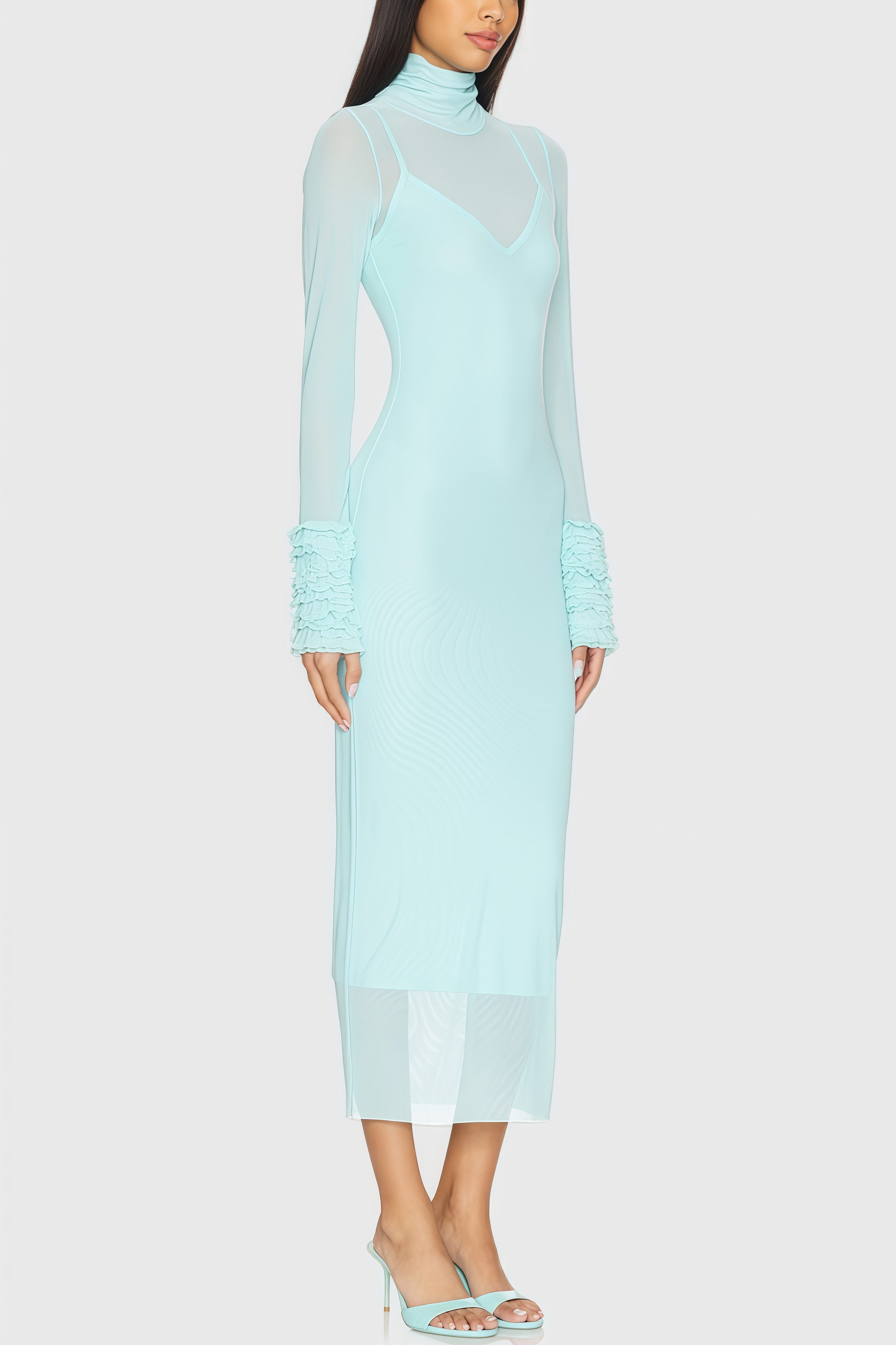Abrife Blue Sheer Mesh Maxi Dress