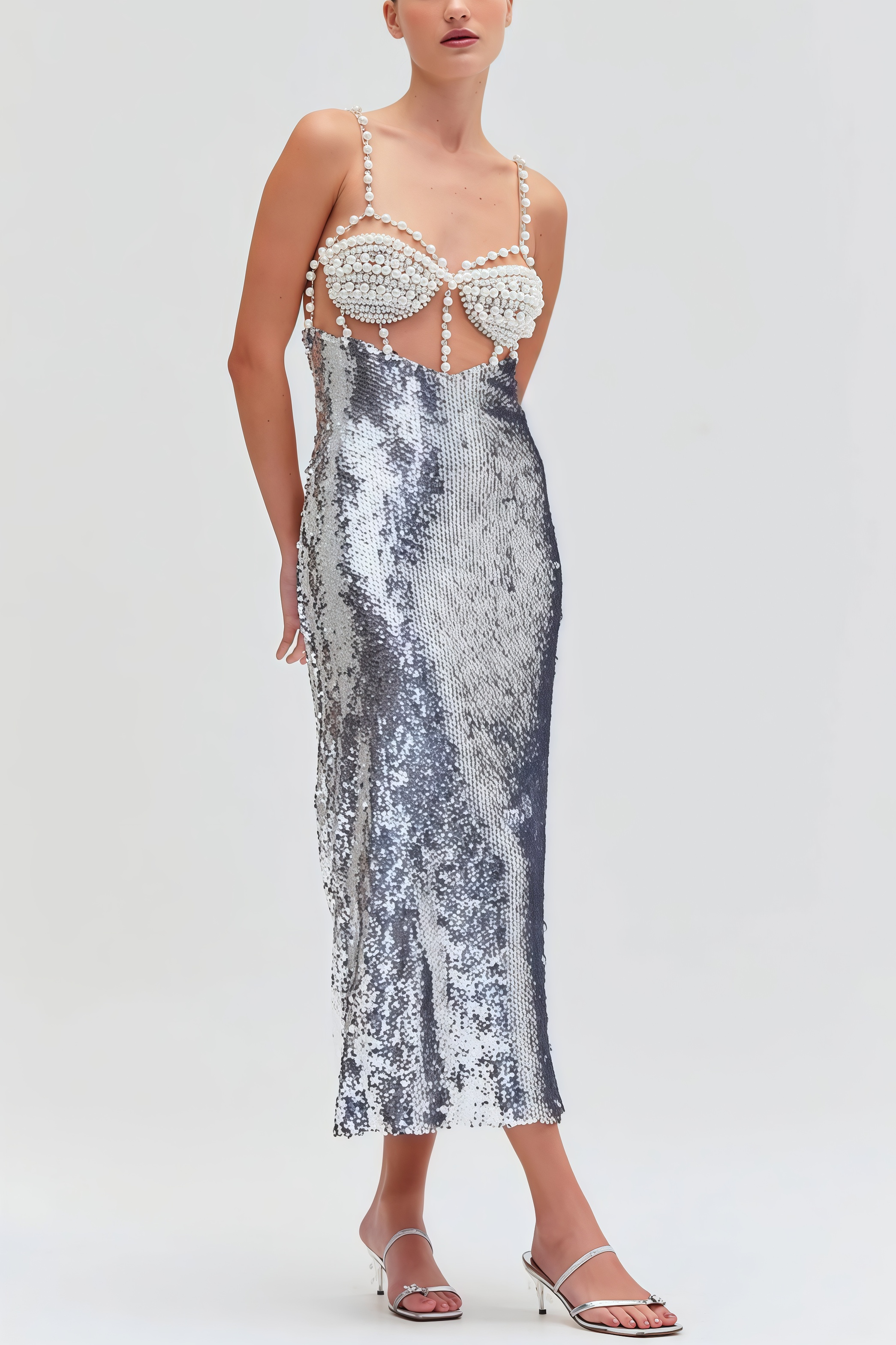 Zeitd Silver Sequin Backless Maxi Dress
