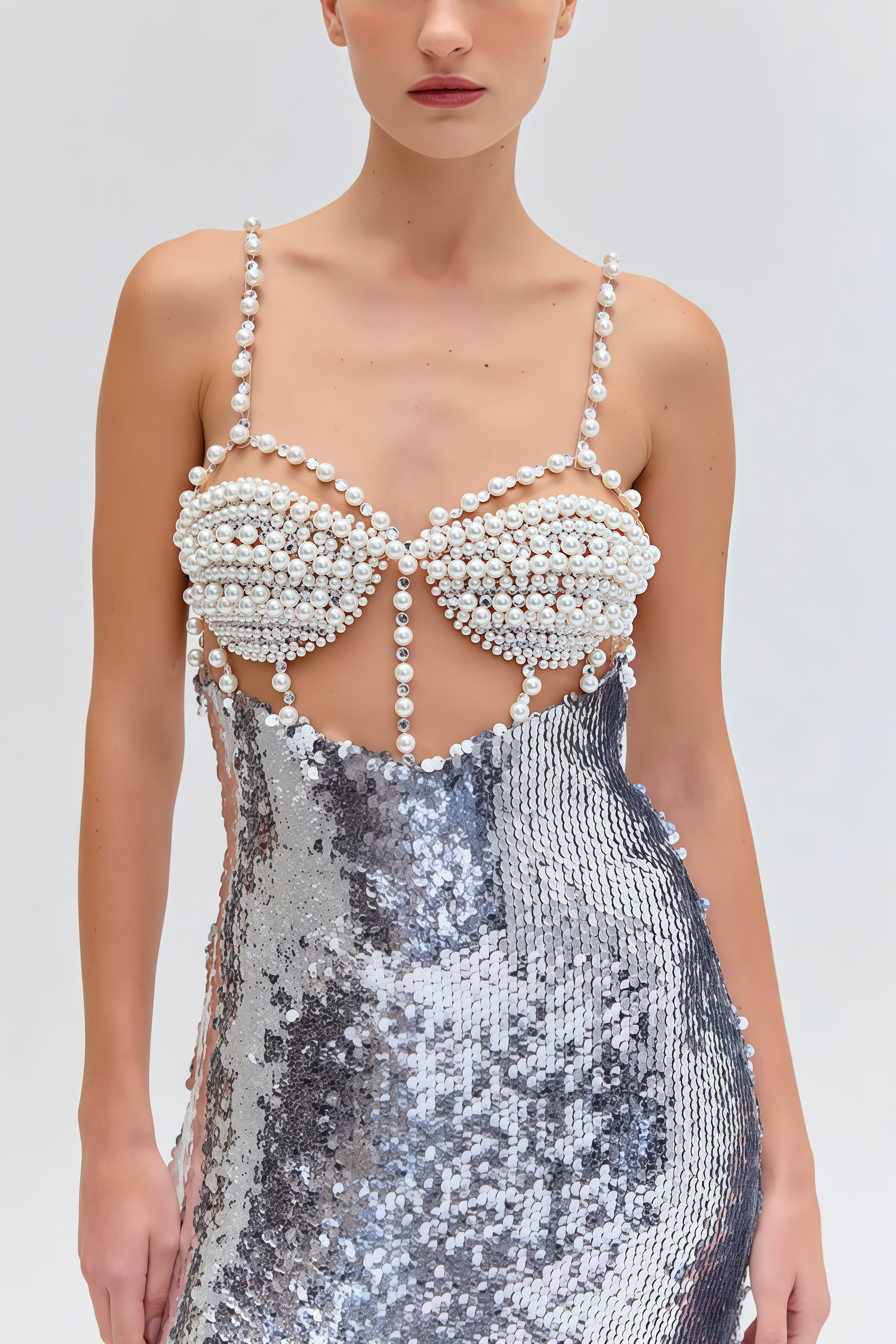 Zeitd Silver Sequin Backless Maxi Dress
