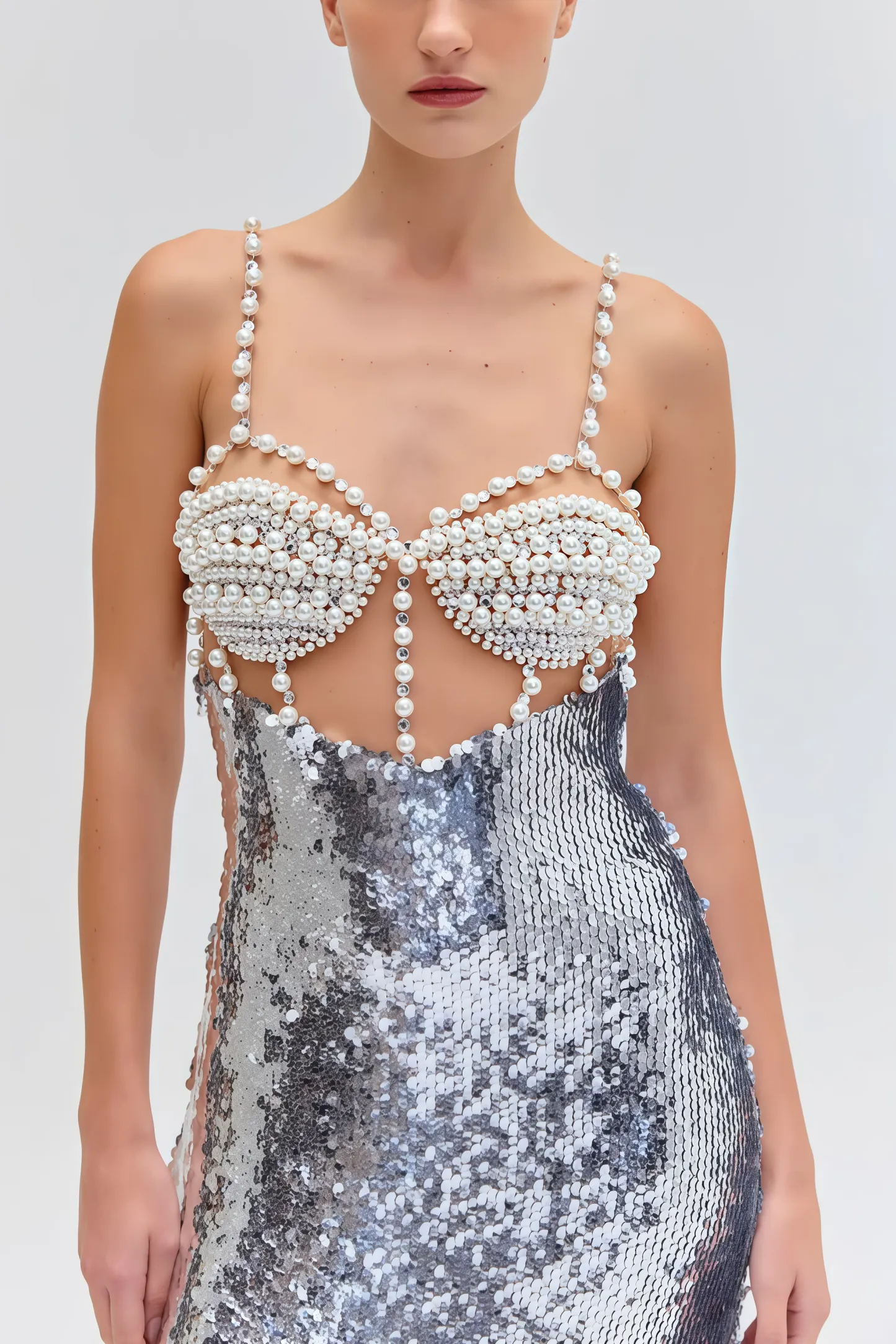 Zeitd Silver Sequin Backless Maxi Dress