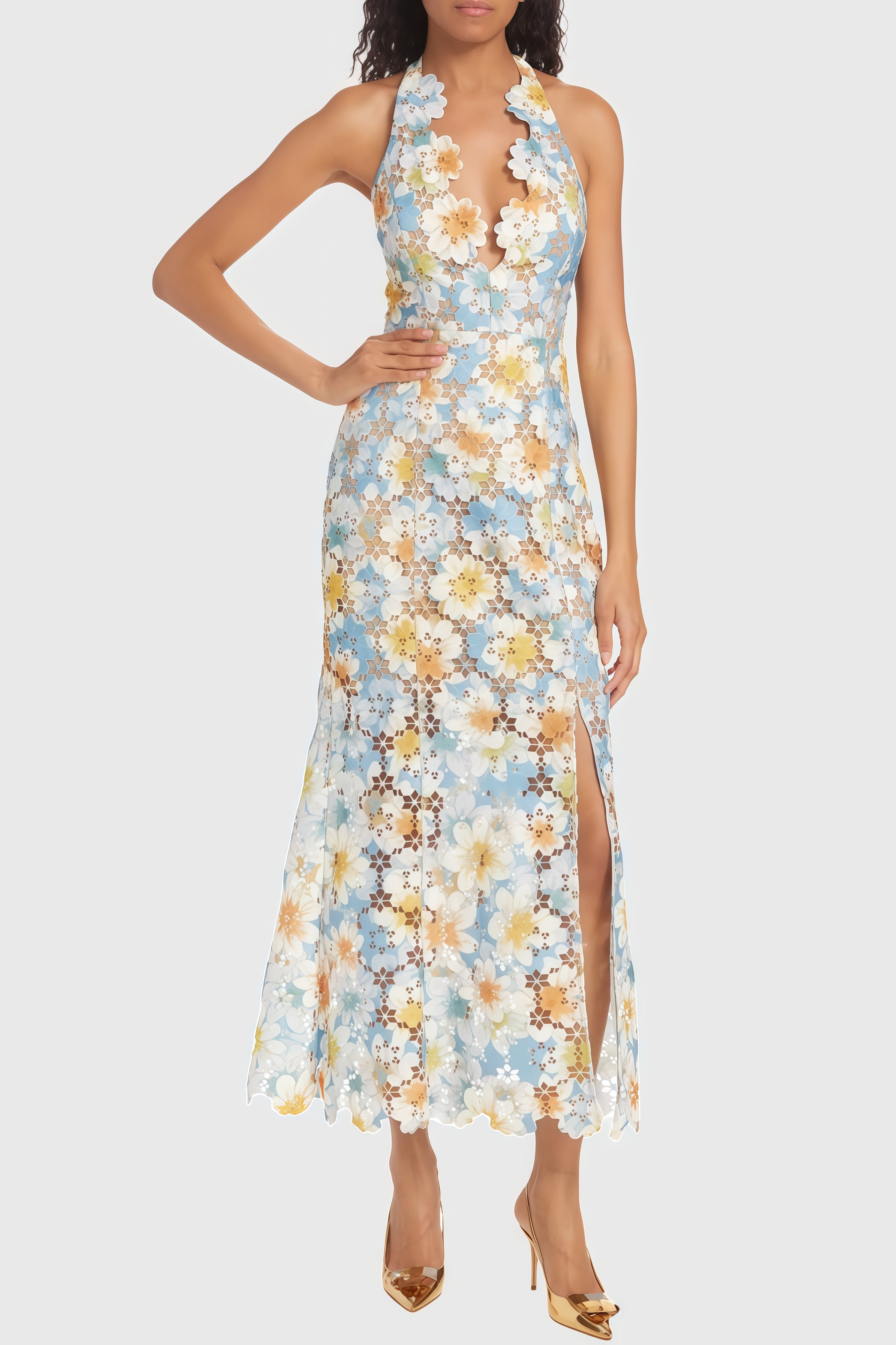 Tylot Nesting Floral Lace Halter Maxi Dress