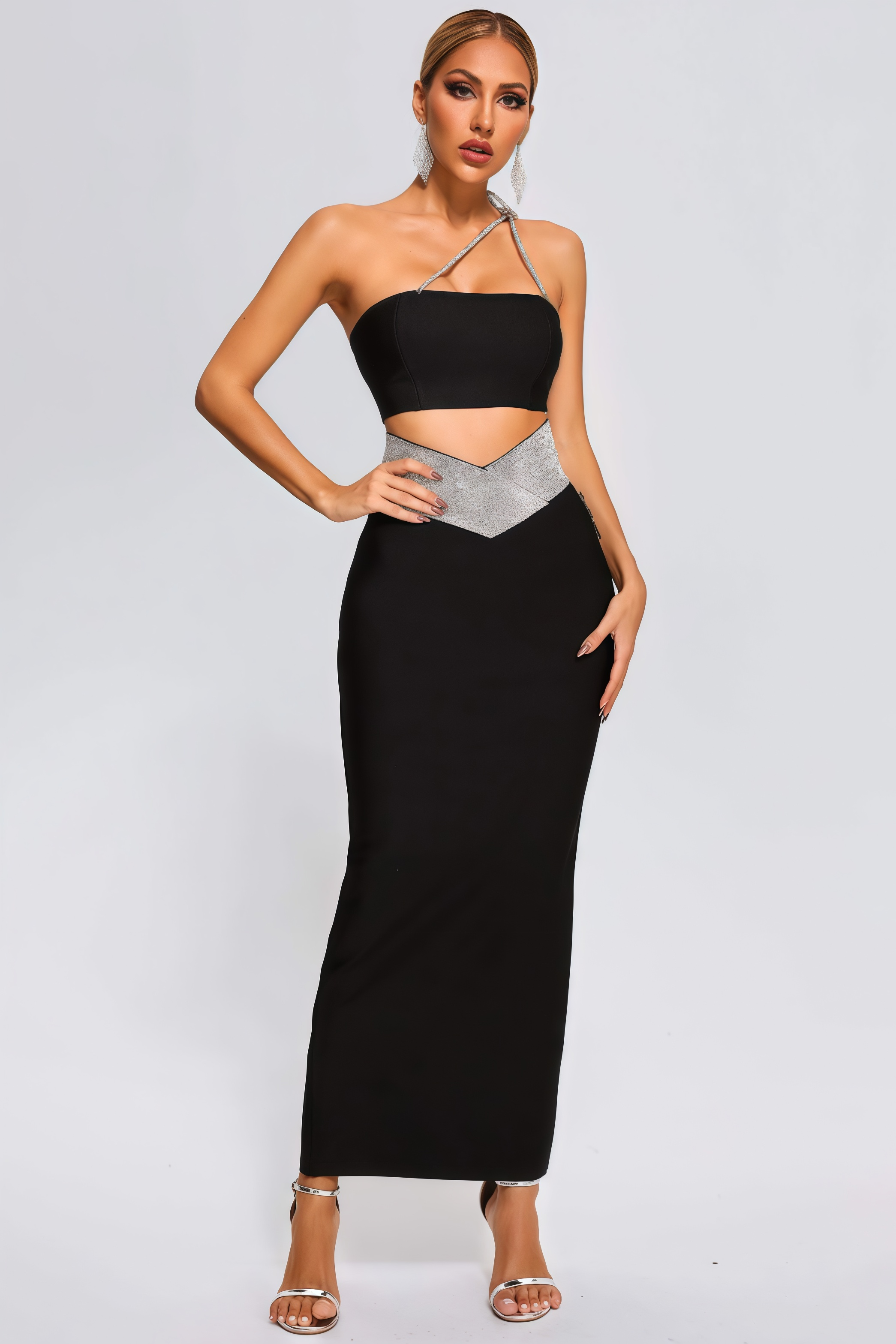 Olen Sheath V Stamped Maxi Dress Set