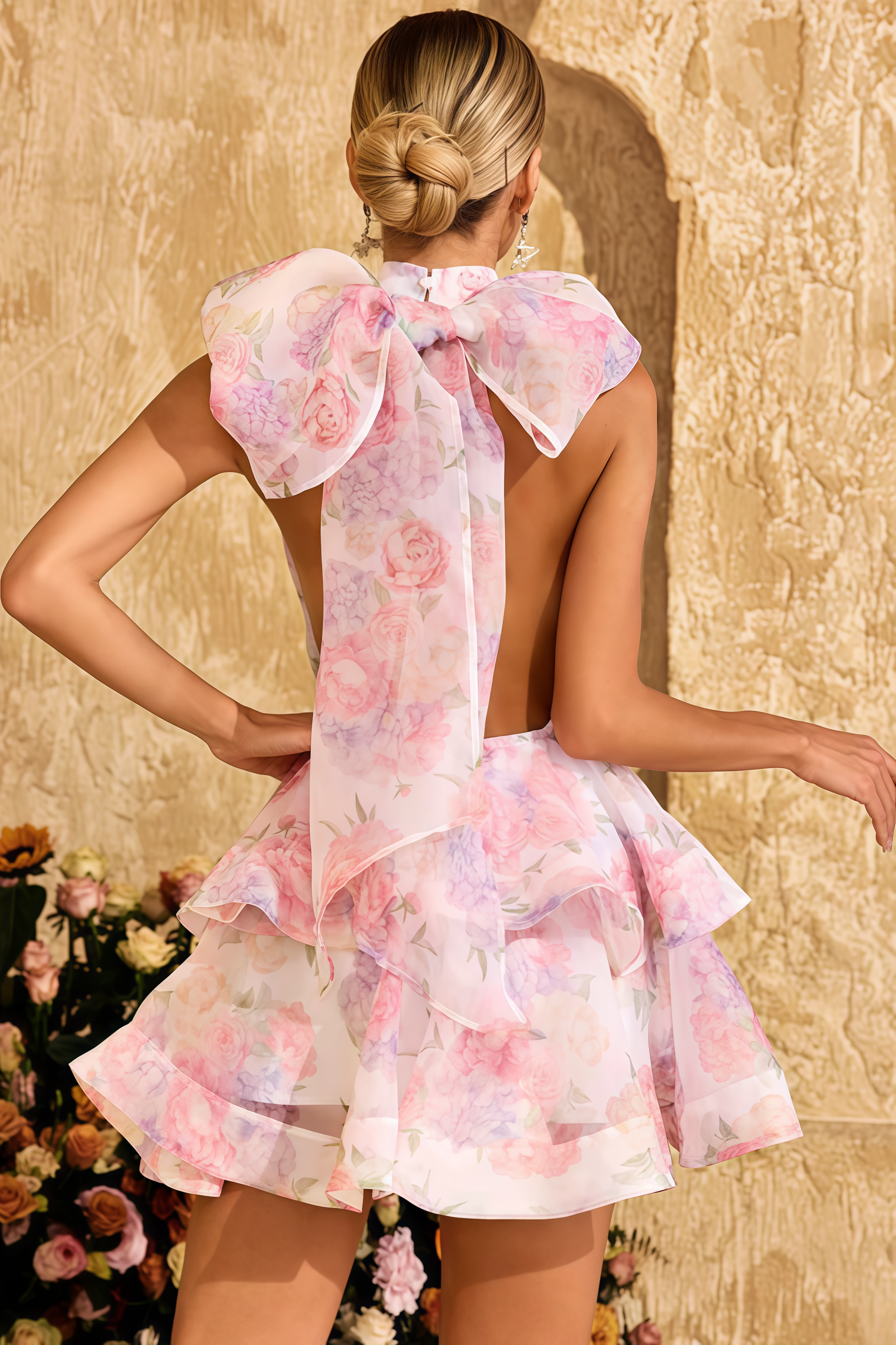 Vionlt Backless Flower Printed Bow Mini Dress