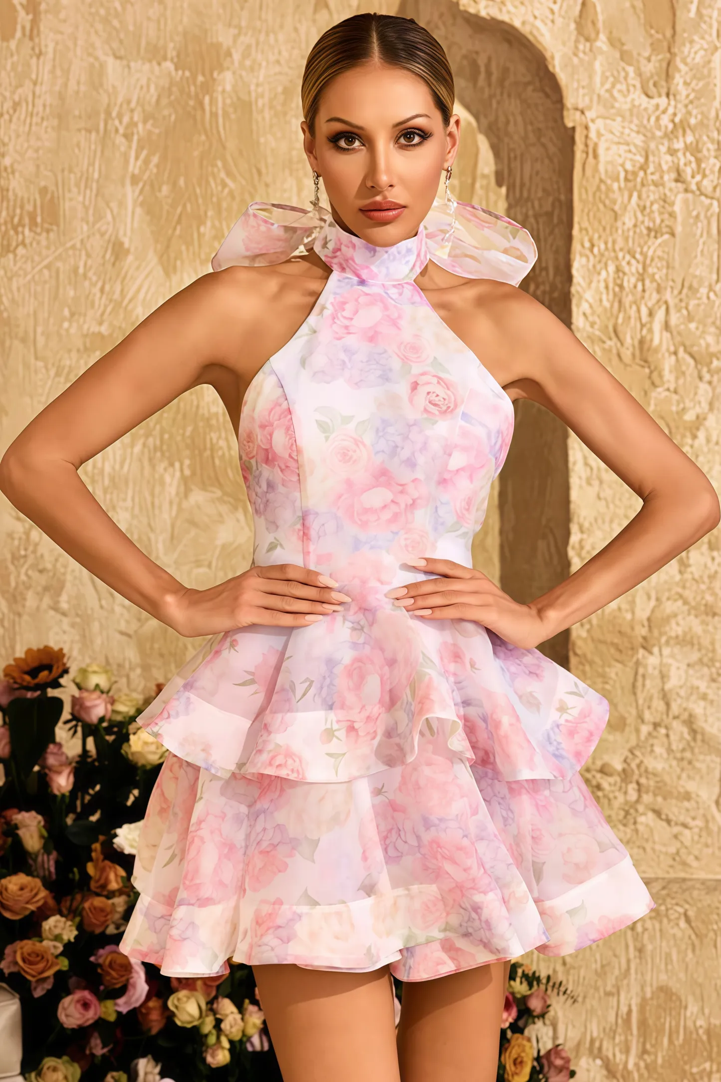 Vionlt Backless Flower Printed Bow Mini Dress