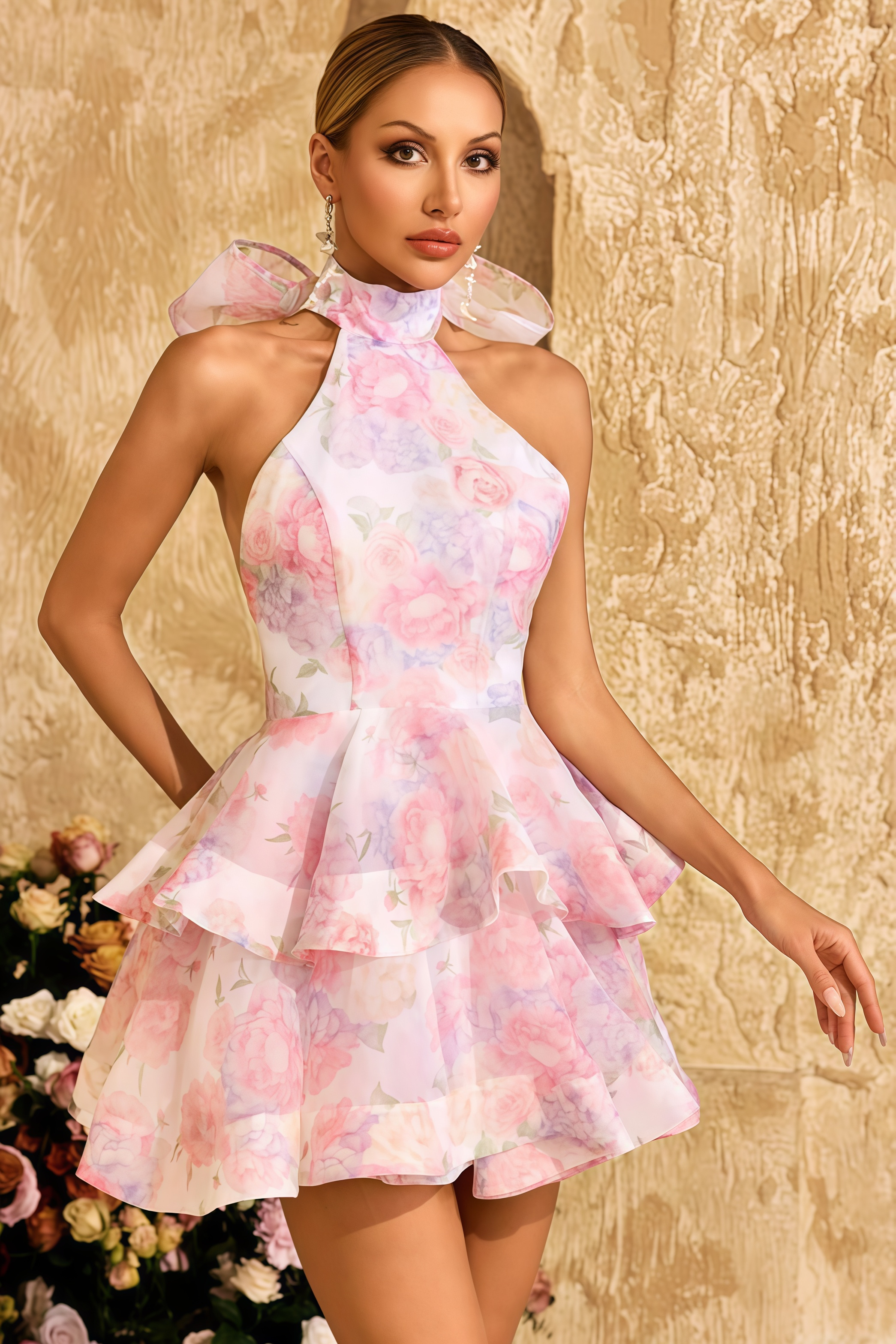 Vionlt Backless Flower Printed Bow Mini Dress