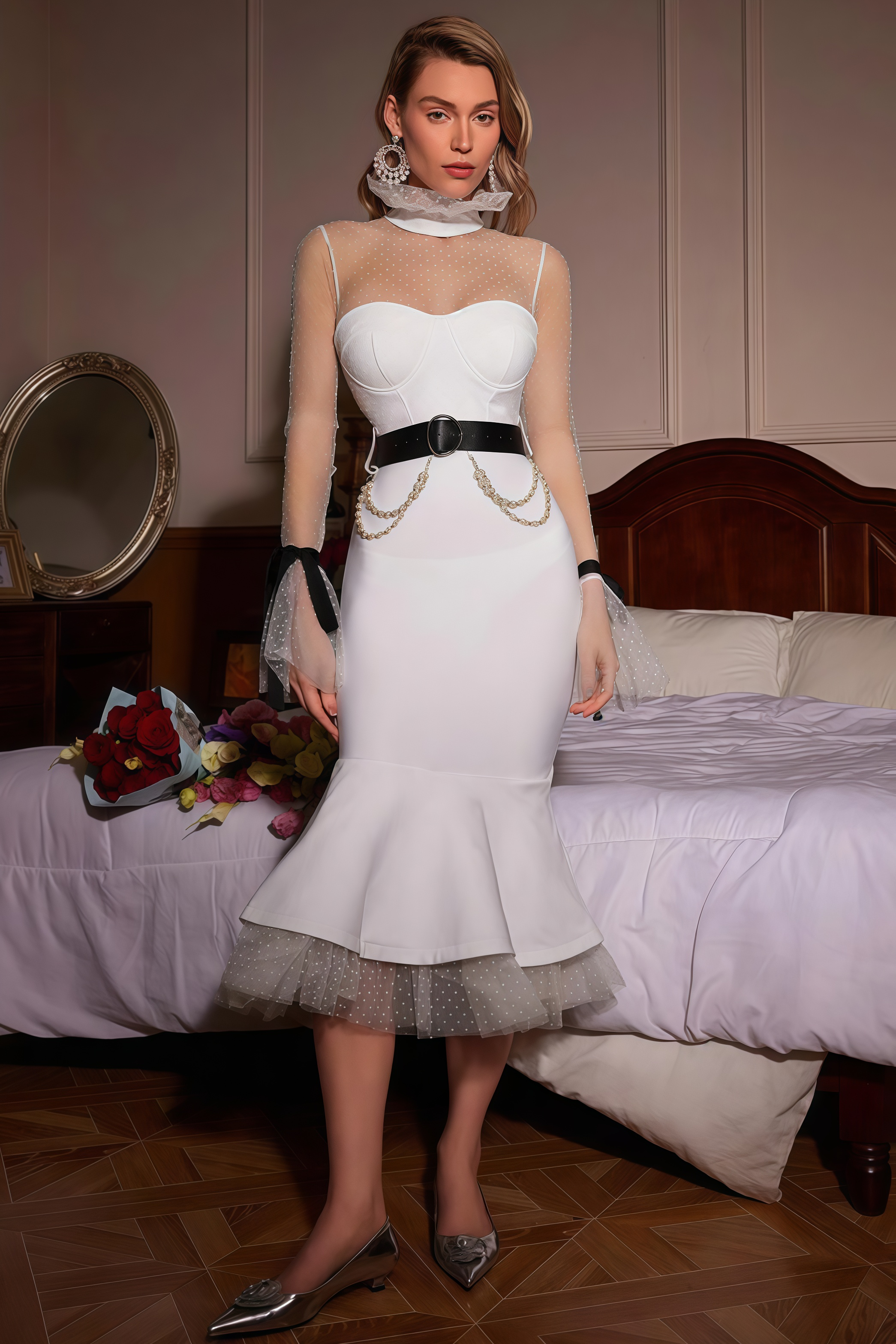 Fannie Dot Patchwork Bandage Midi Dress