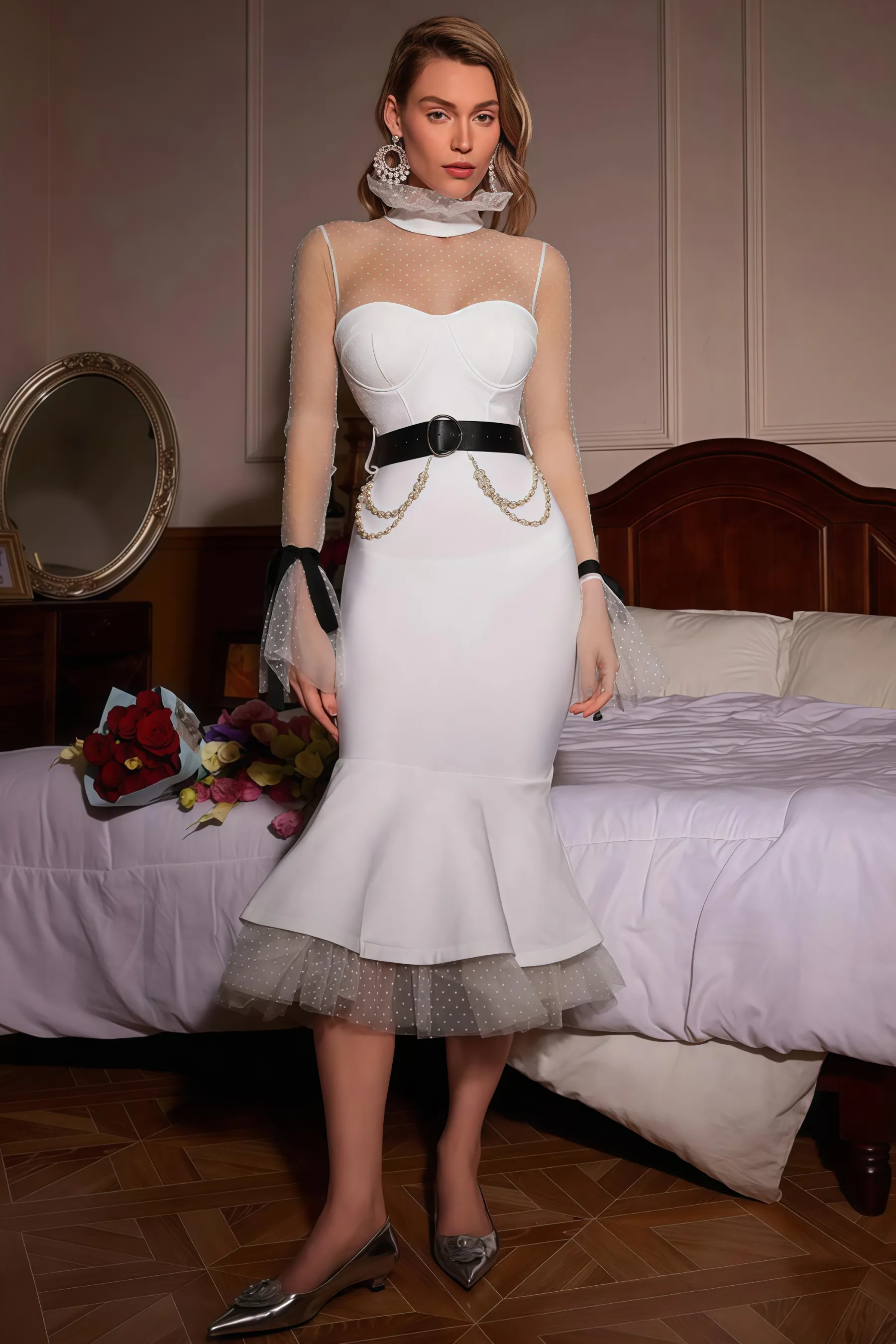Fannie Dot Patchwork Bandage Midi Dress