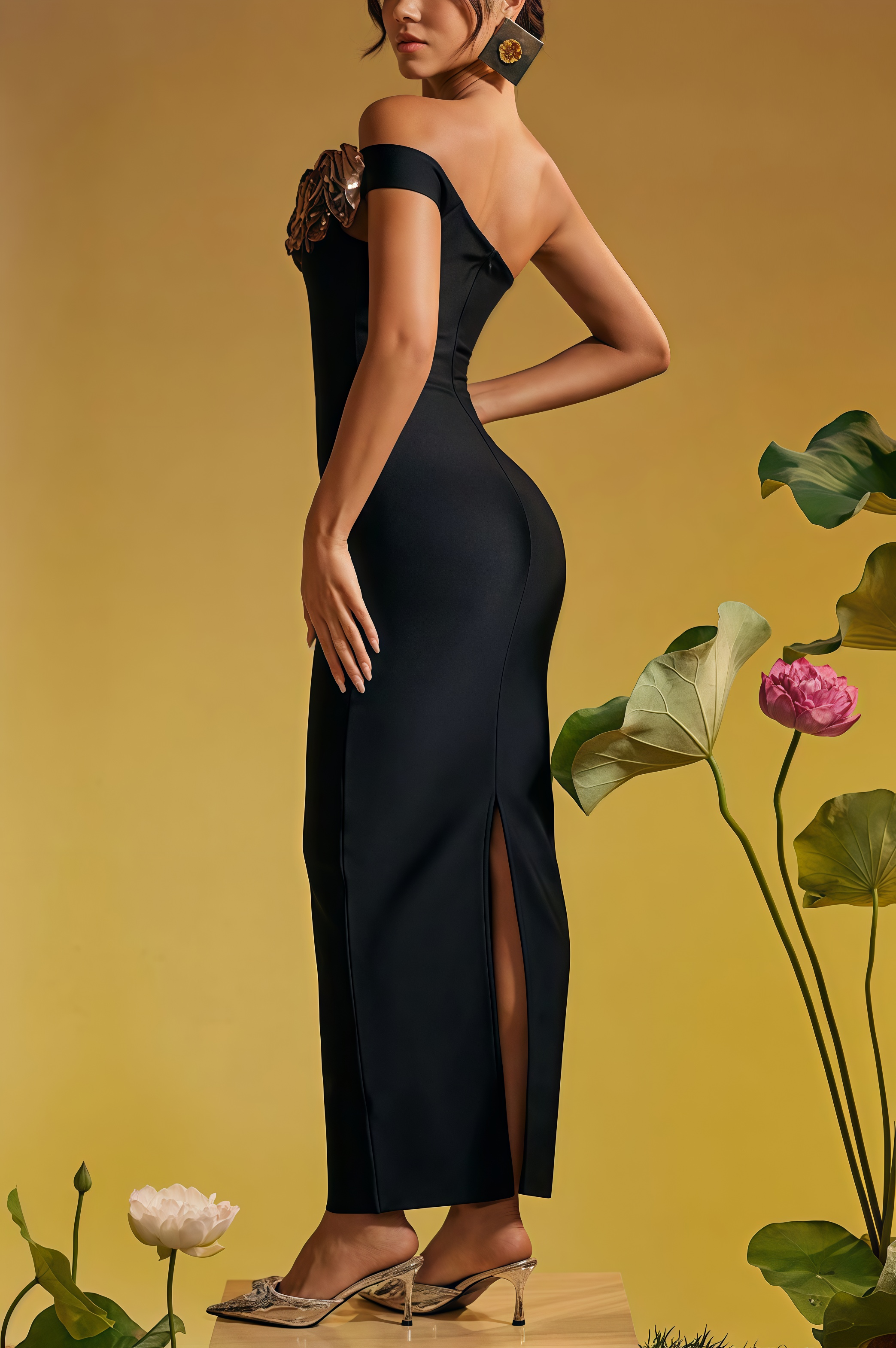 Omi One Shoulder Flowers Bandage Midi Dress
