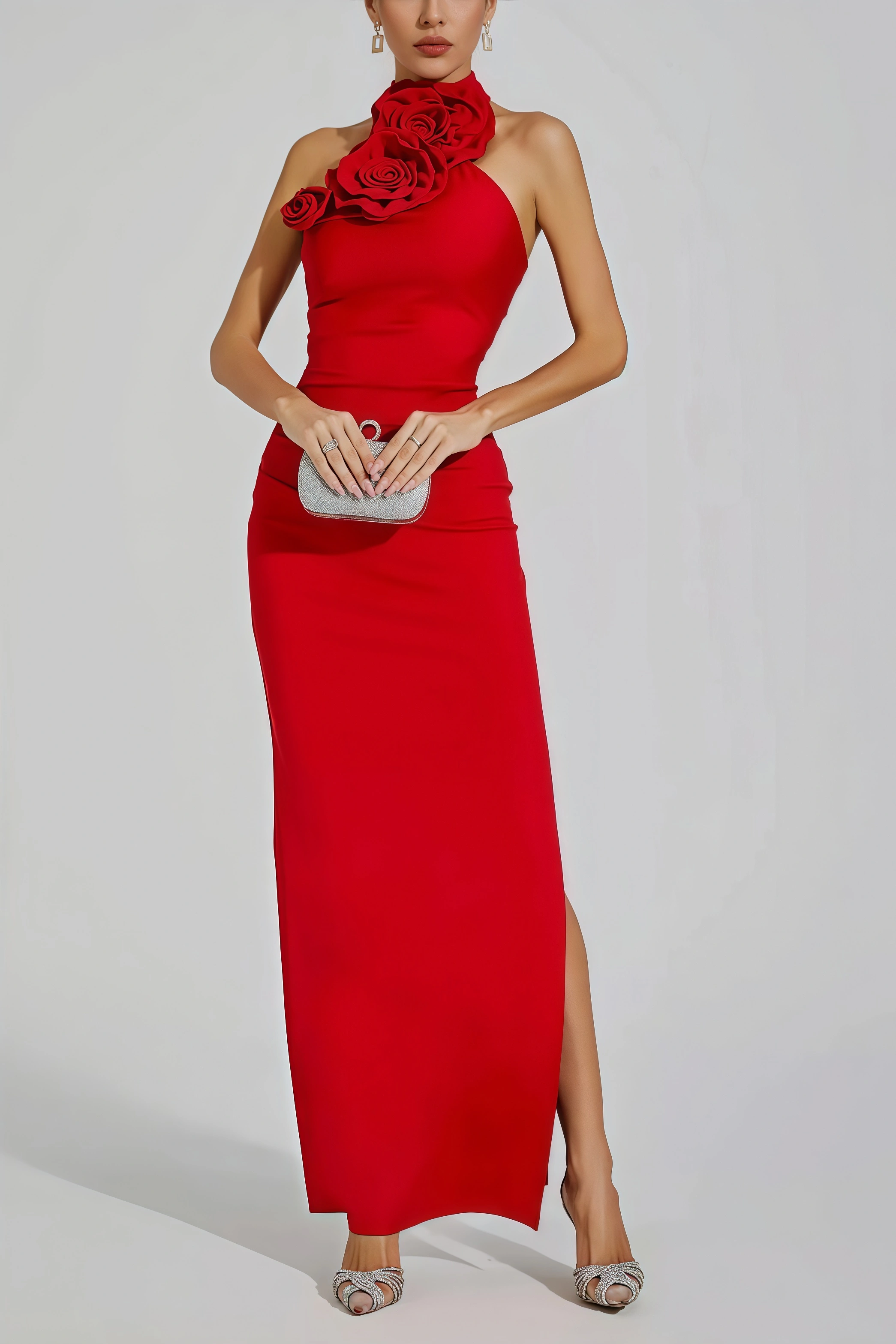 Emily Red Floral Ruched Halter Maxi Dress