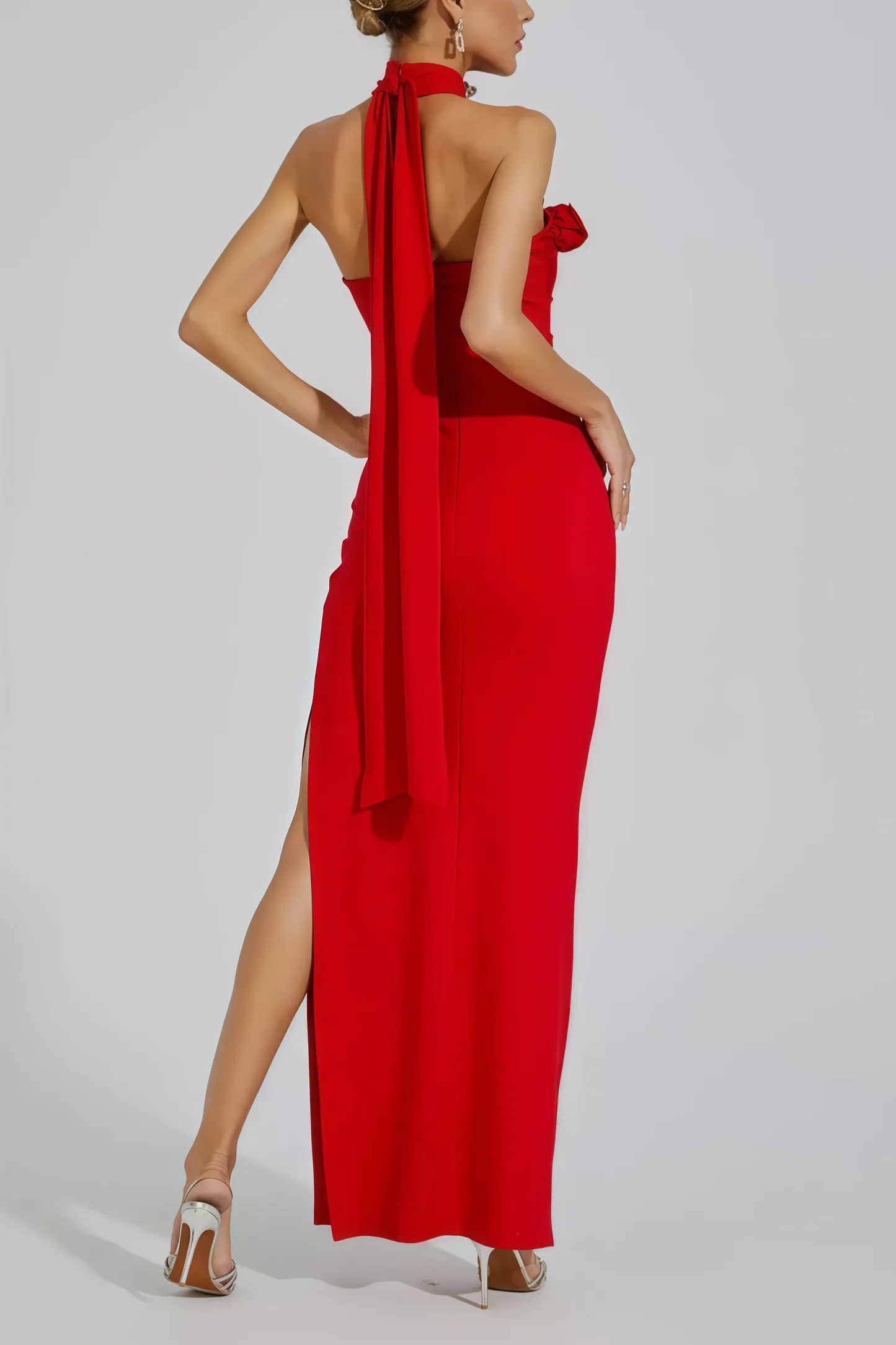 Emily Red Floral Ruched Halter Maxi Dress