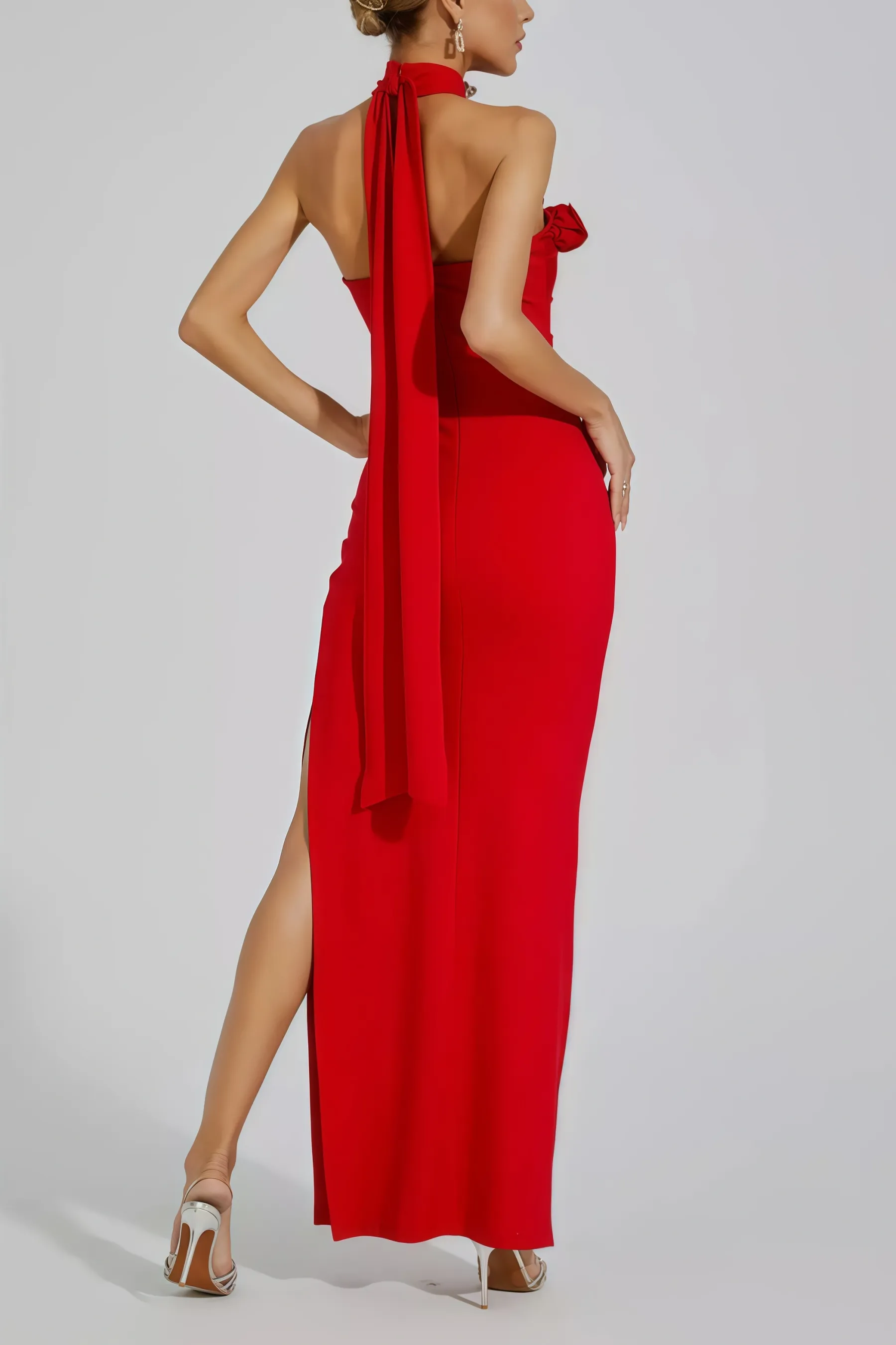Emily Red Floral Ruched Halter Maxi Dress