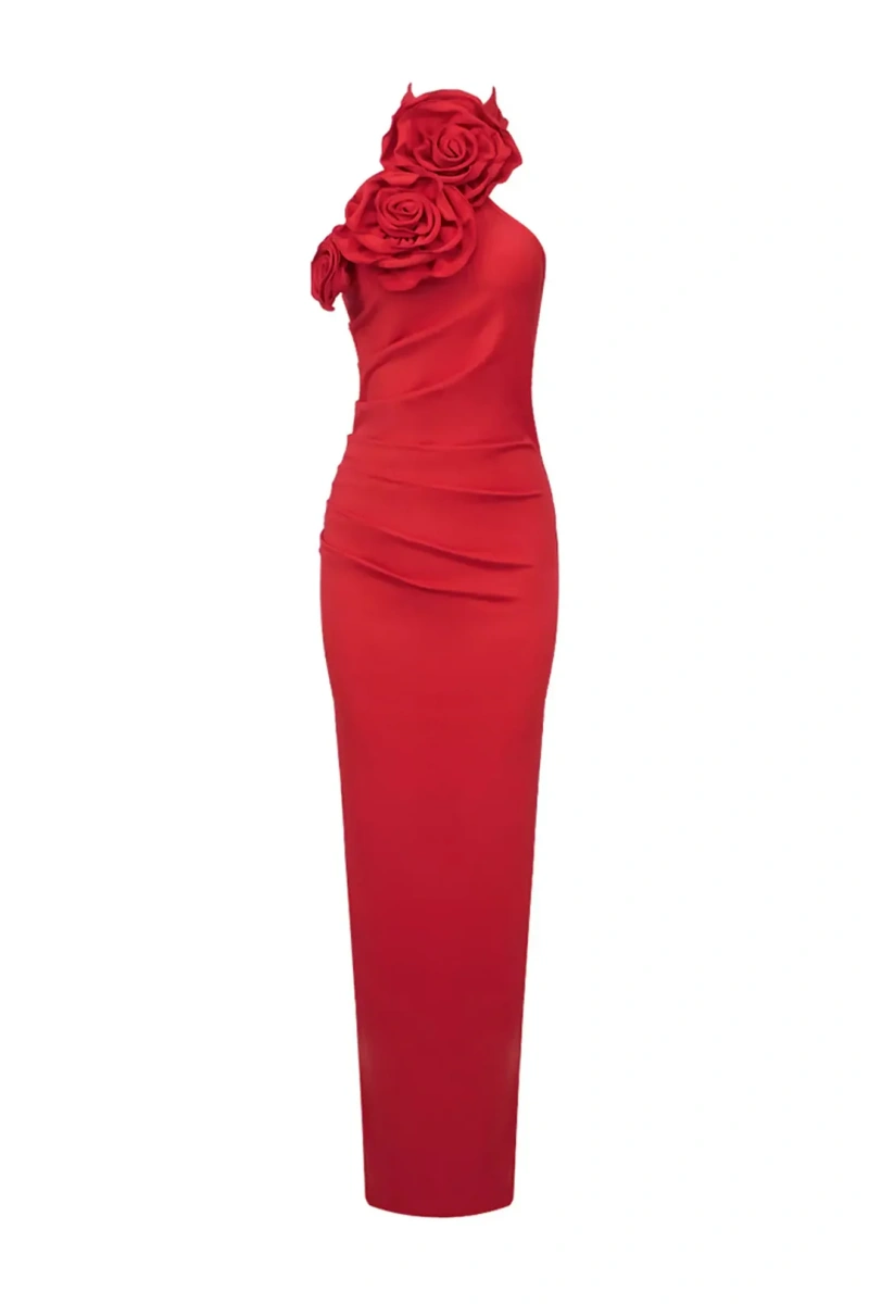 Emily Red Floral Ruched Halter Maxi Dress