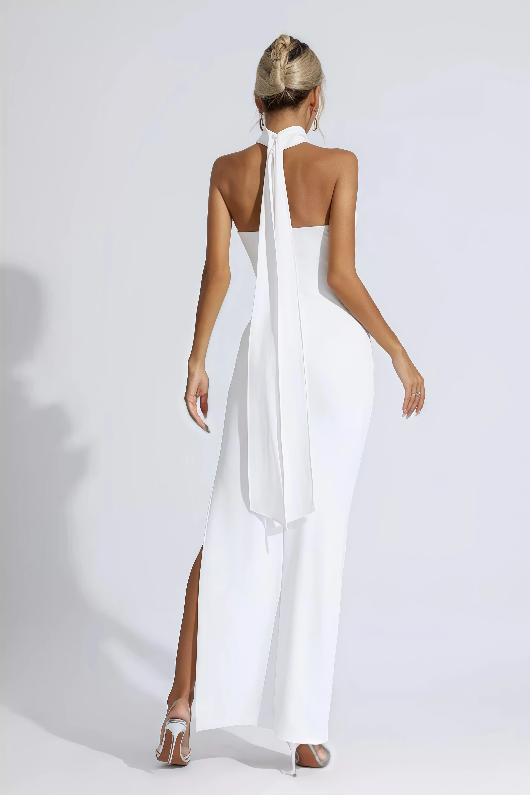 Faux White Floral Ruched Halter Maxi Dress