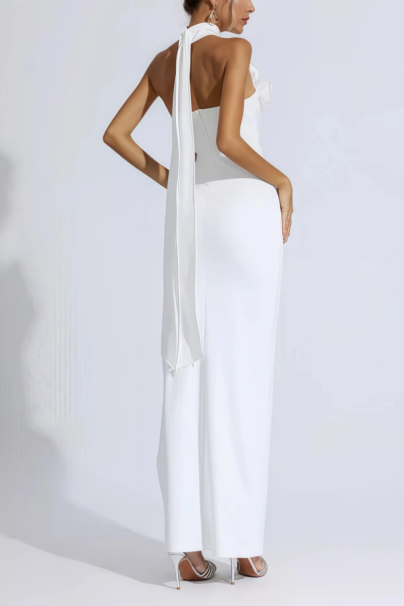 Faux White Floral Ruched Halter Maxi Dress