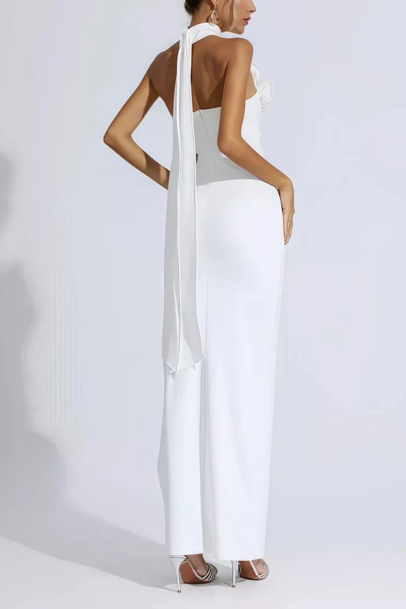 Faux White Floral Ruched Halter Maxi Dress