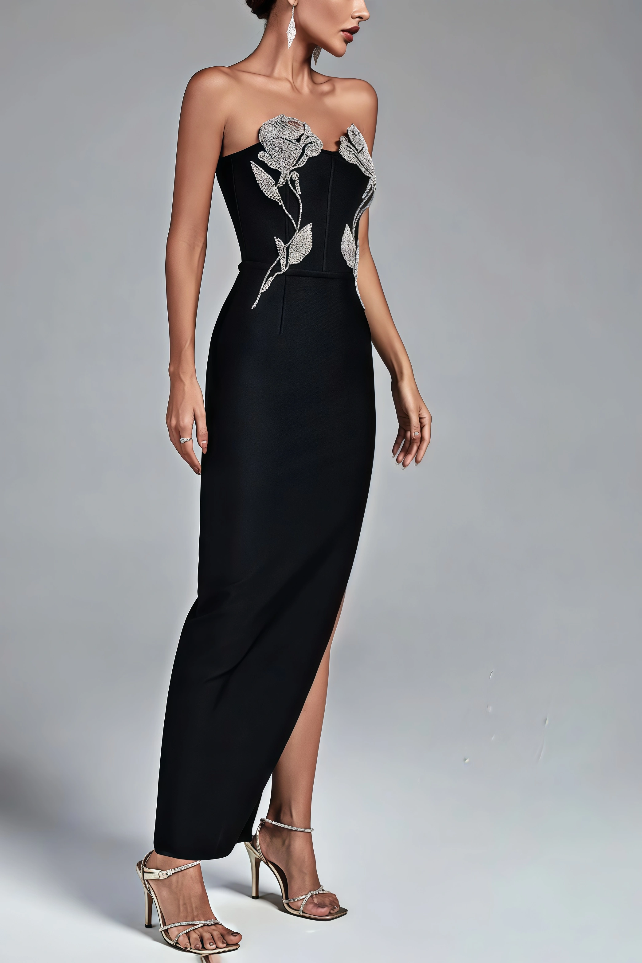 Jersey Crystal Embellished Flower Bra Maxi Bandage Dress
