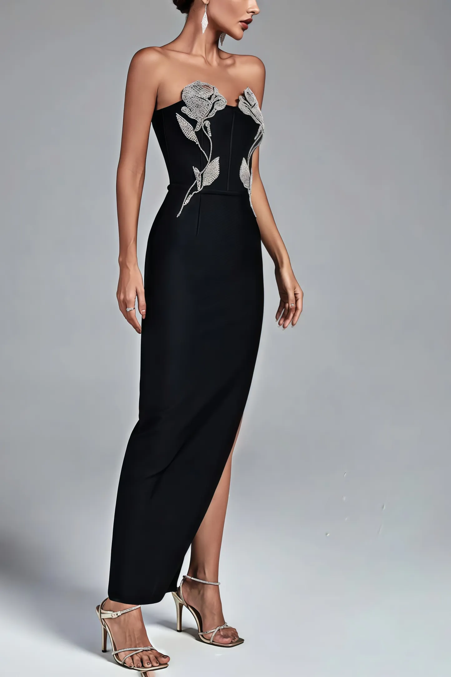 Jersey Crystal Embellished Flower Bra Maxi Bandage Dress