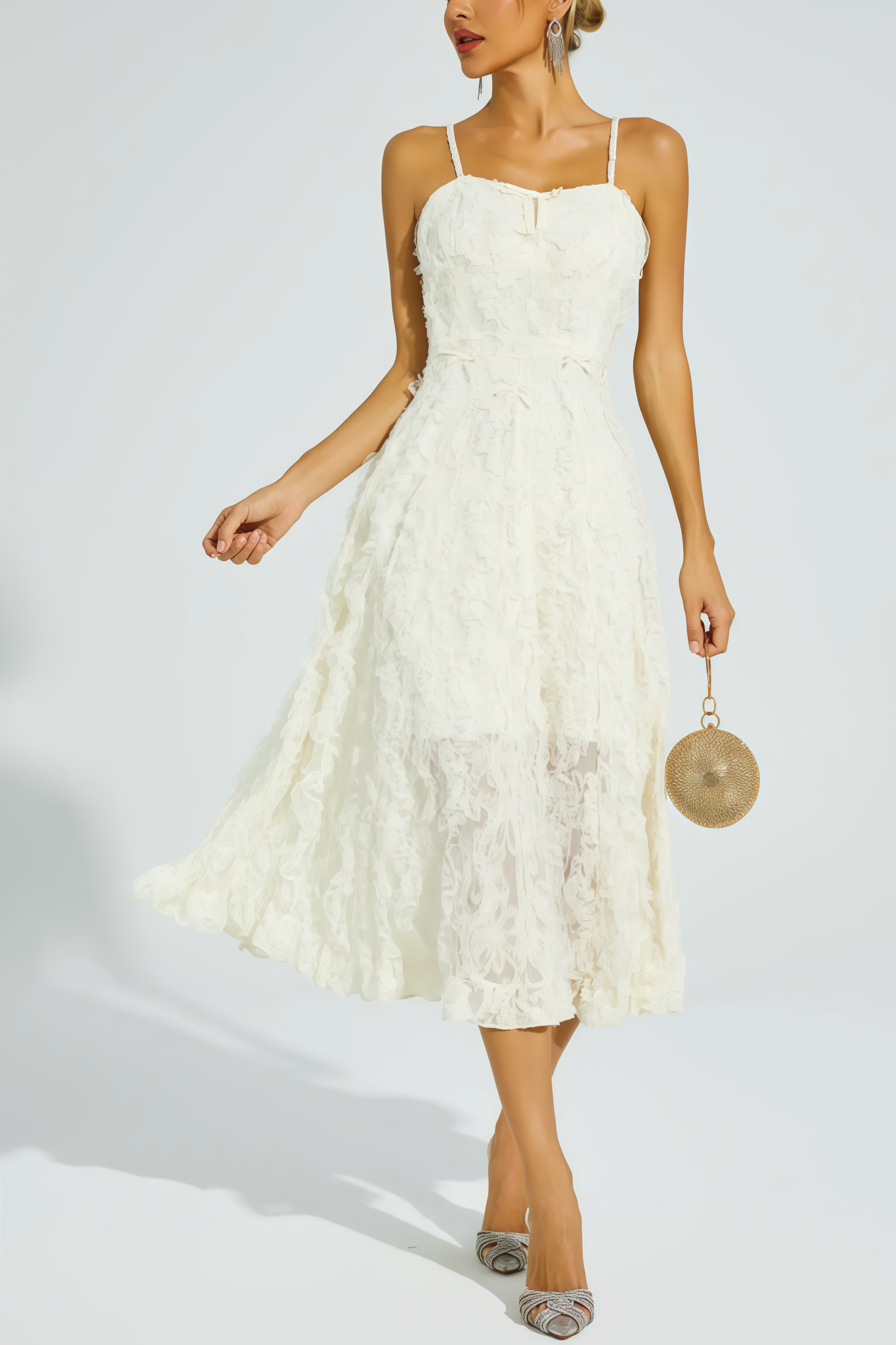 Kathle Beige Feather Midi Dress