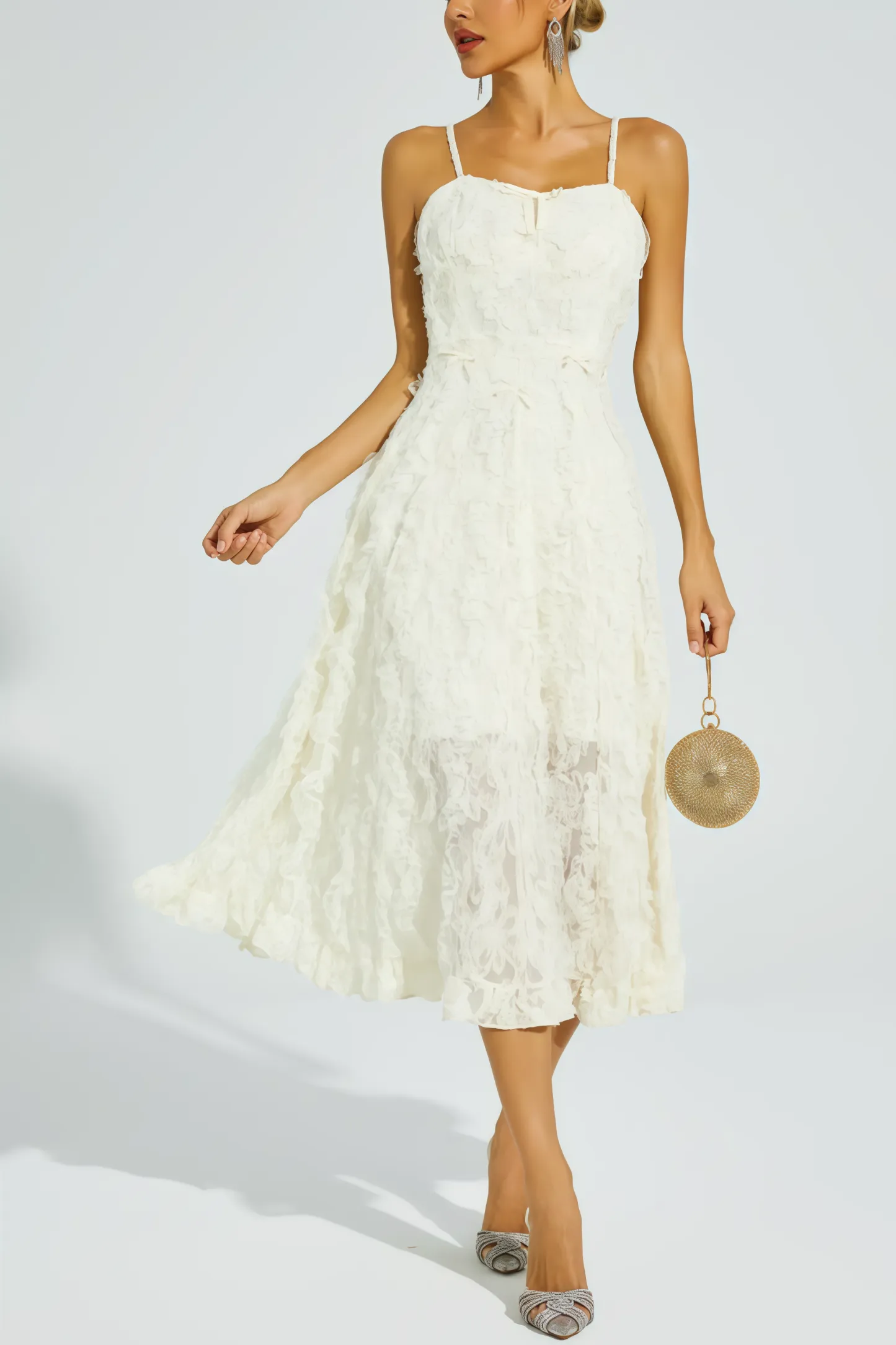 Kathle Beige Feather Midi Dress