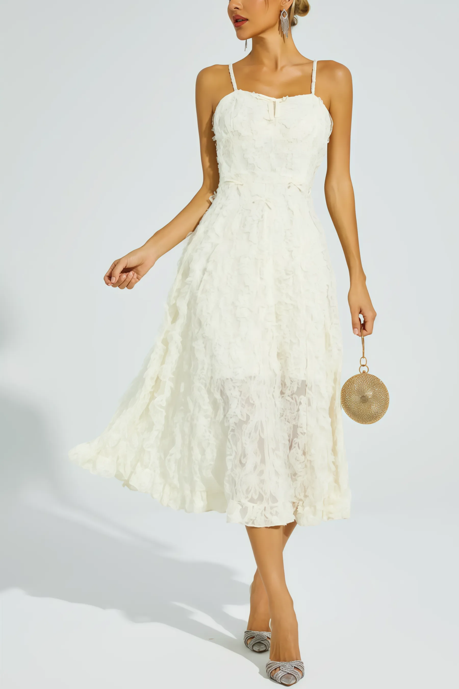 Kathle Beige Feather Midi Dress