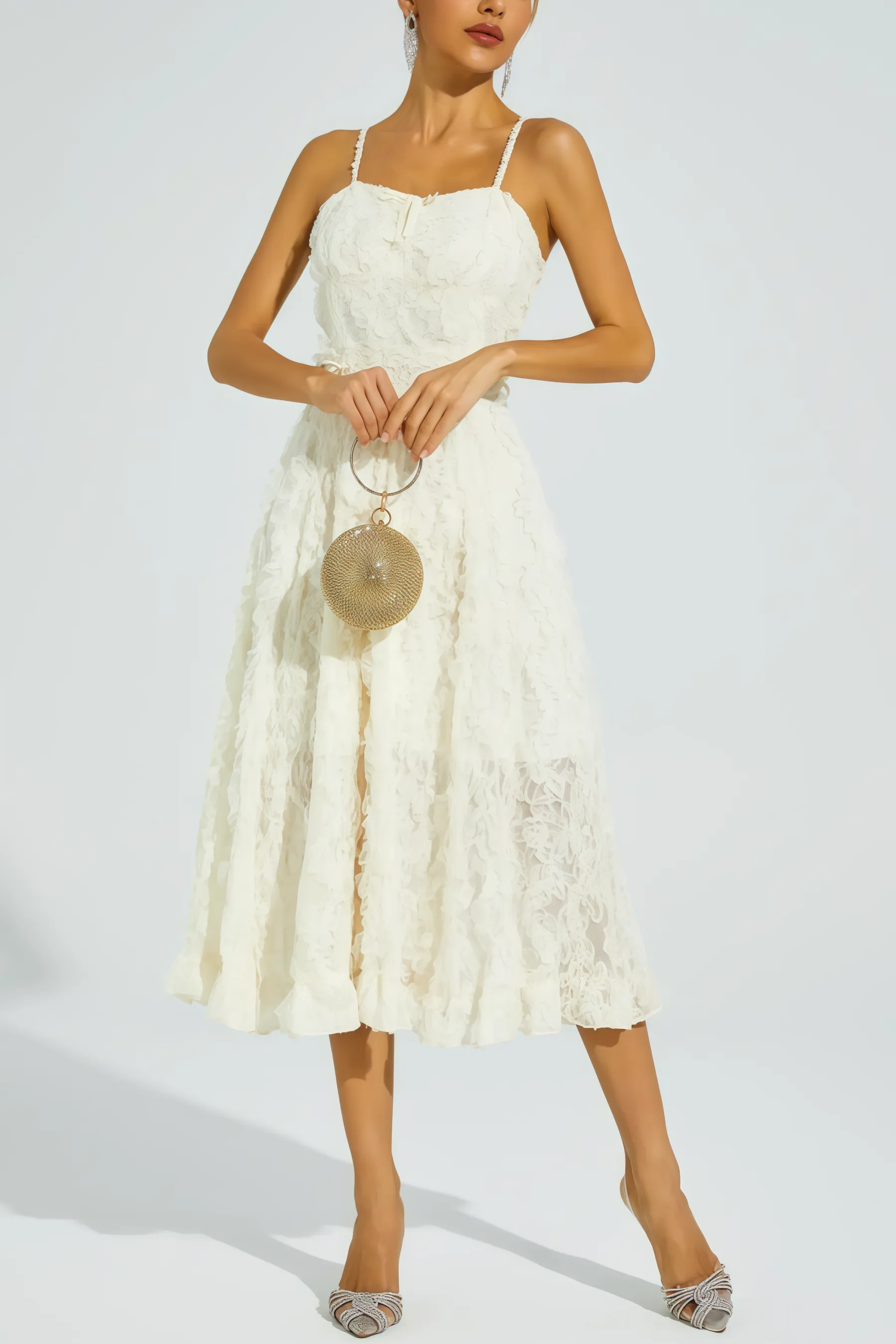 Kathle Beige Feather Midi Dress
