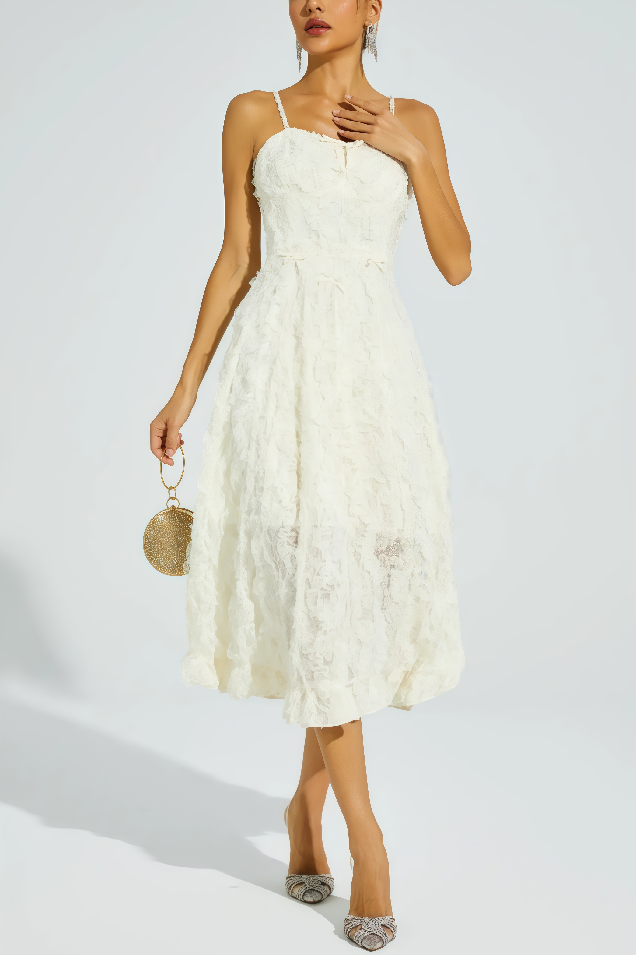 Kathle Beige Feather Midi Dress