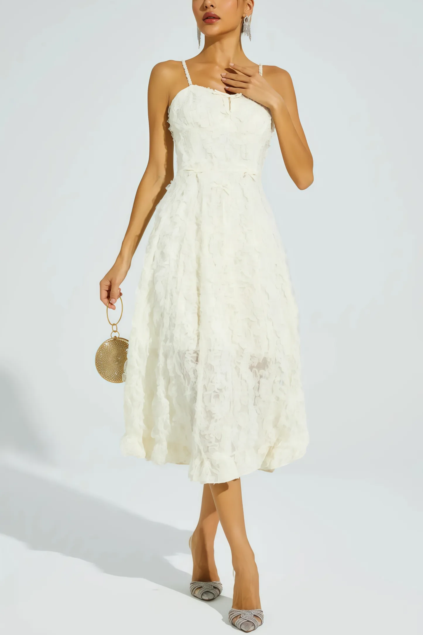 Kathle Beige Feather Midi Dress