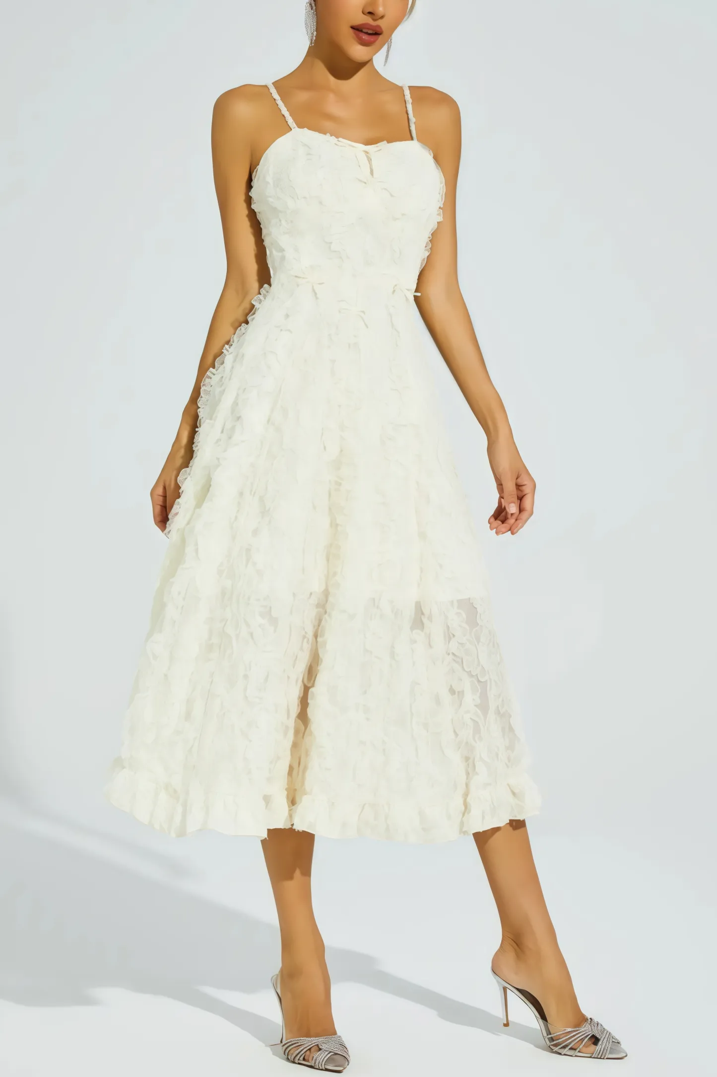 Kathle Beige Feather Midi Dress