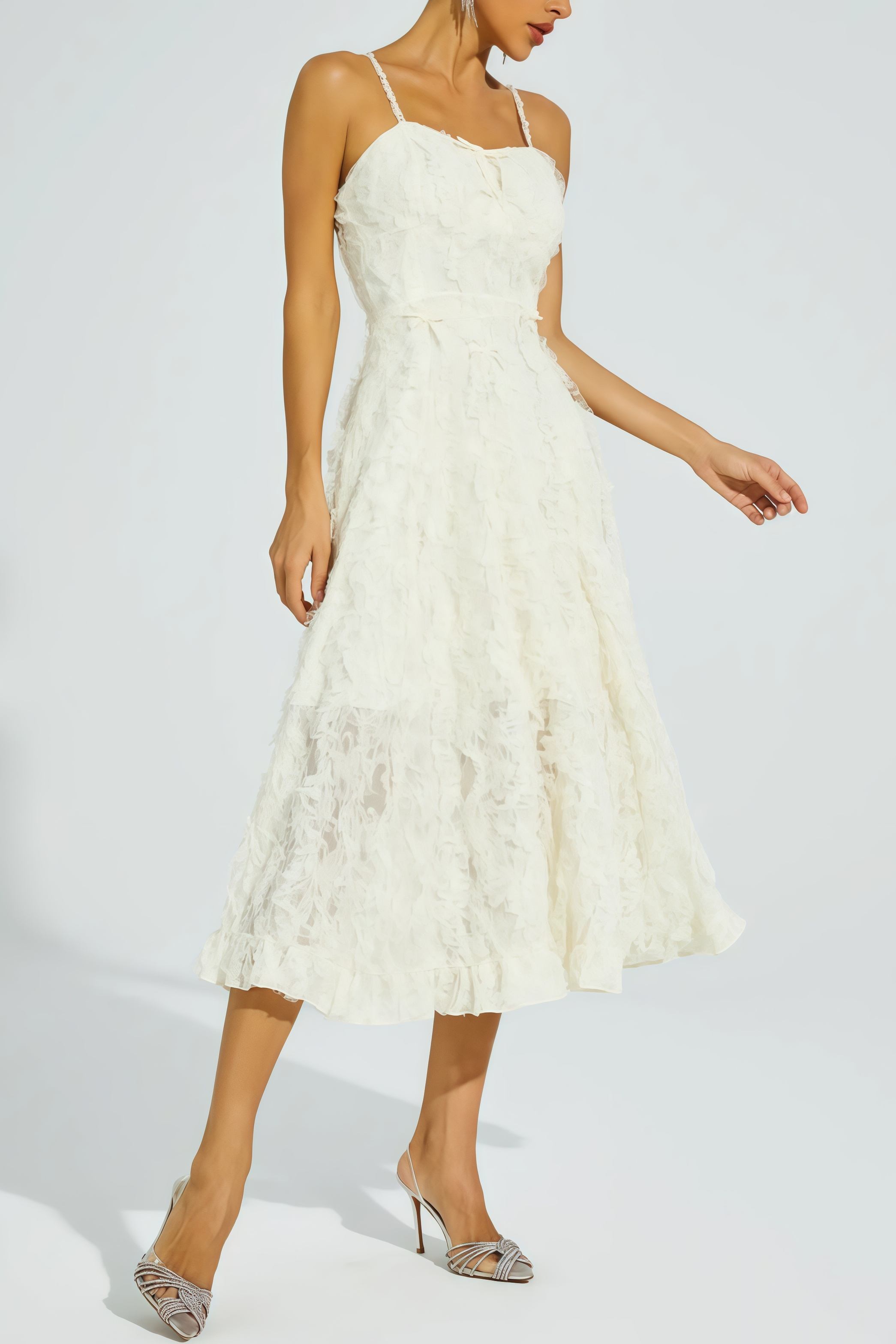 Kathle Beige Feather Midi Dress