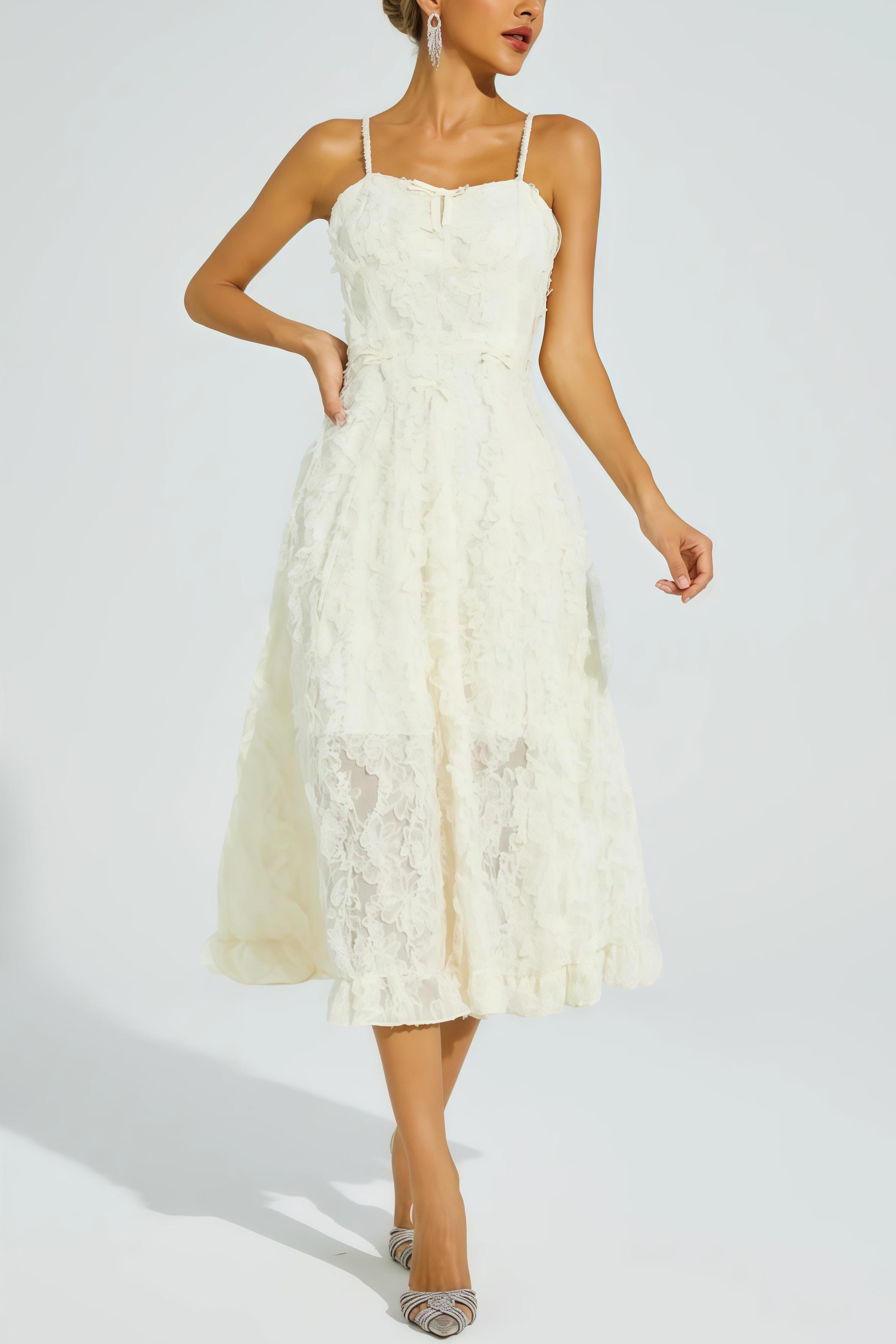 Kathle Beige Feather Midi Dress