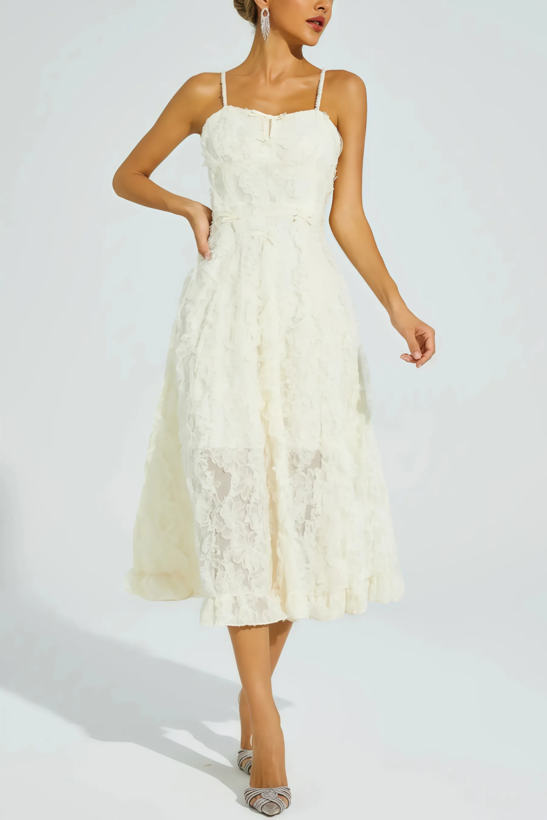 Kathle Beige Feather Midi Dress