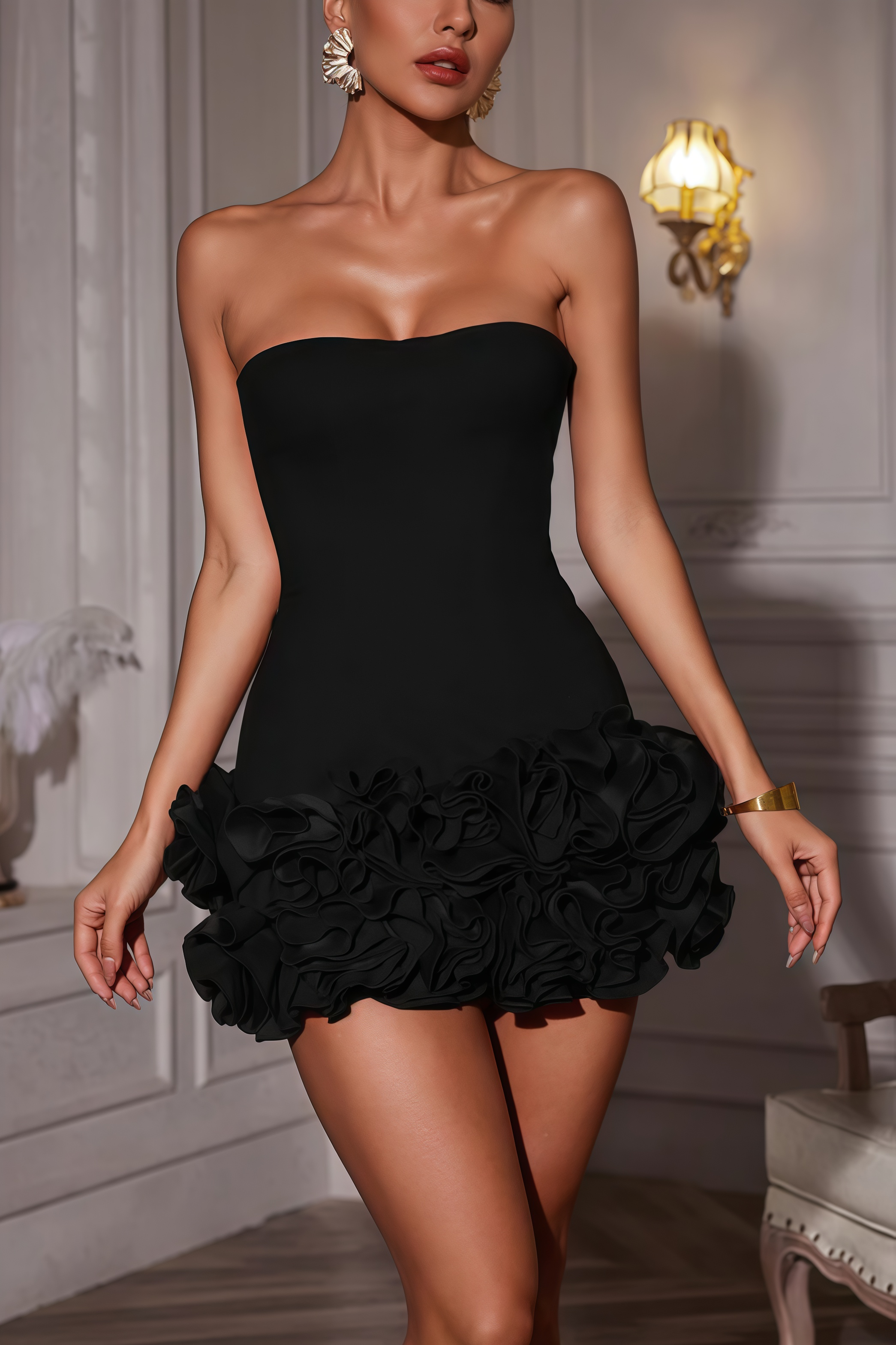 Fiora Black Strapless Flower Mini Dress