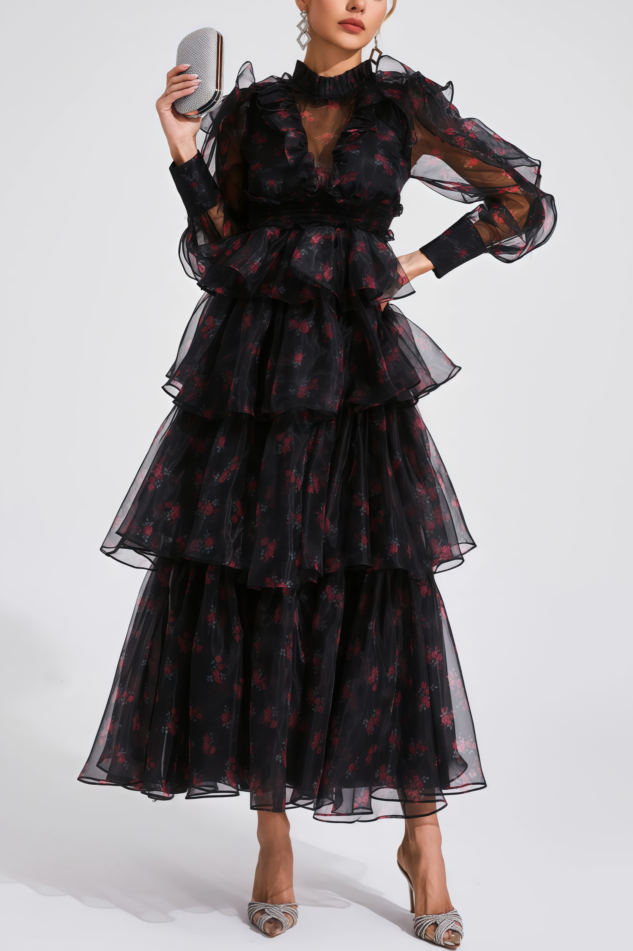 Ellarv Black Crushed Mesh Maxi Dress