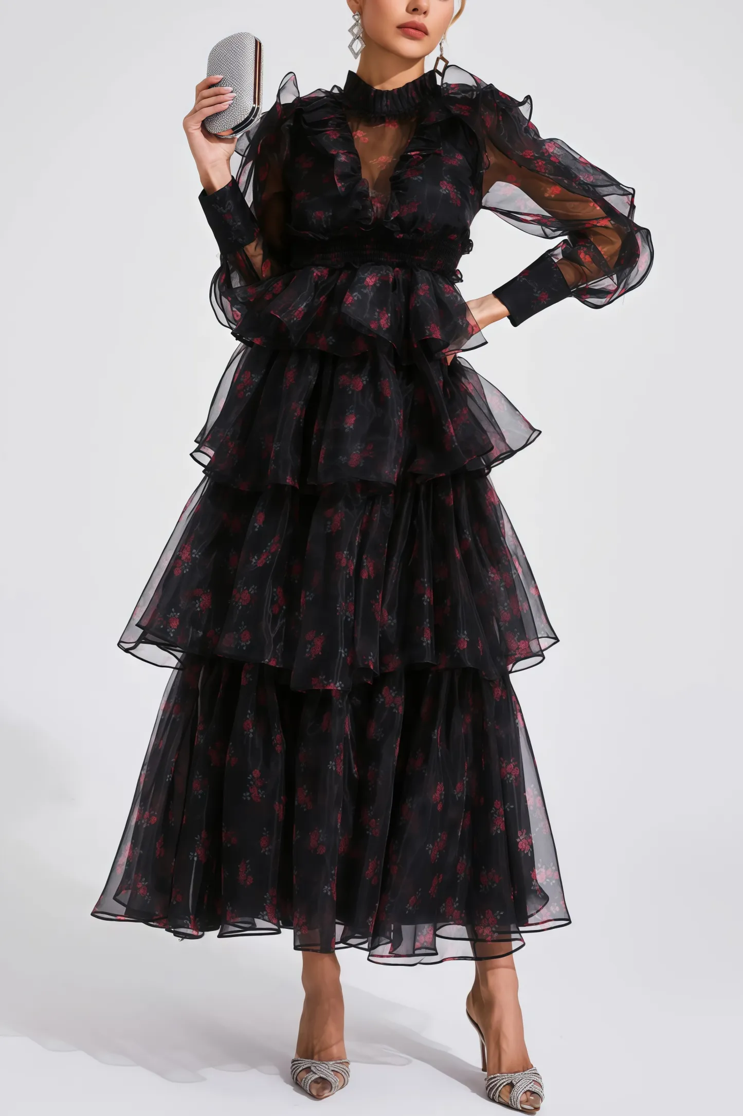 Ellarv Black Crushed Mesh Maxi Dress