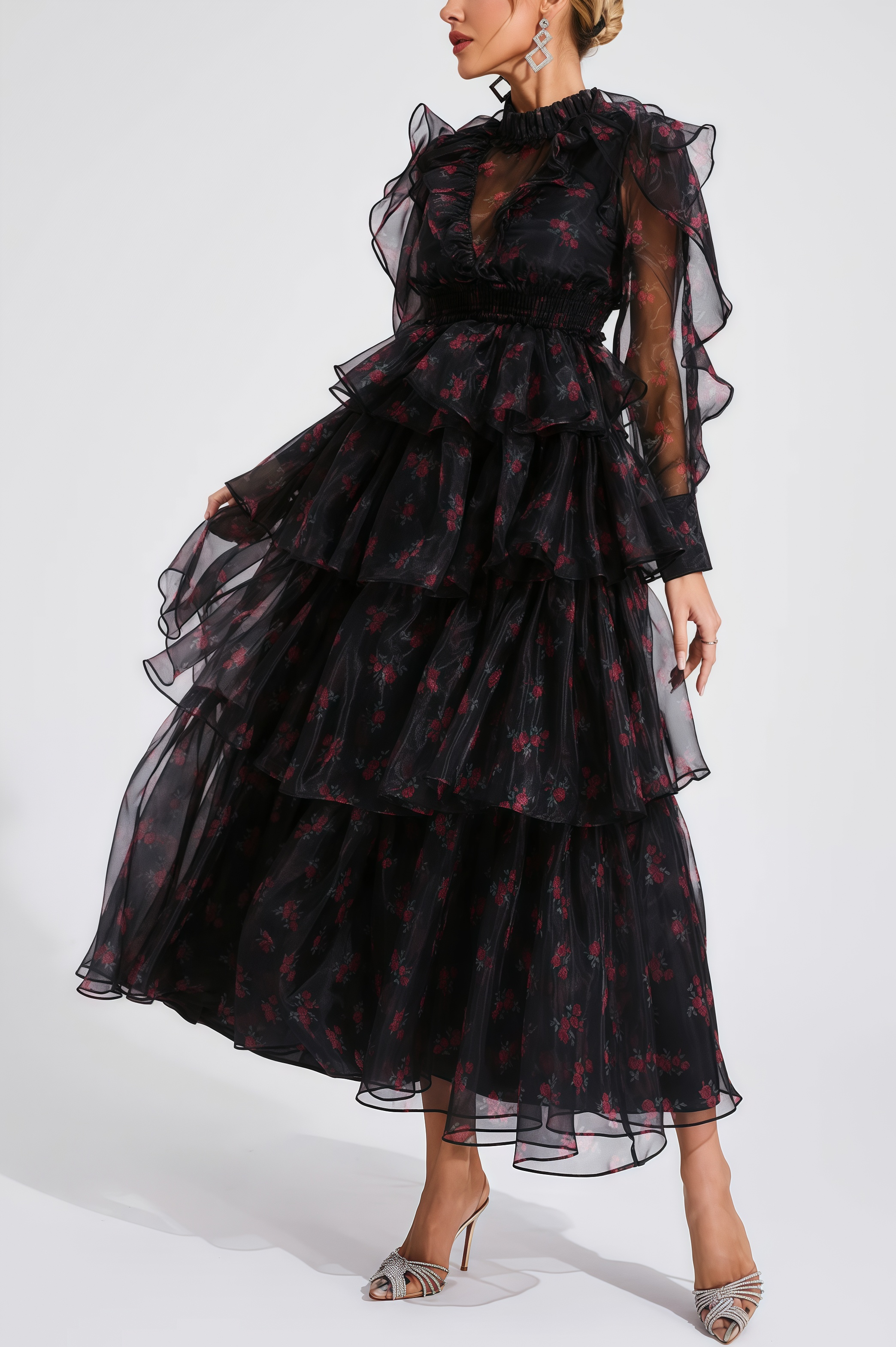 Ellarv Black Crushed Mesh Maxi Dress