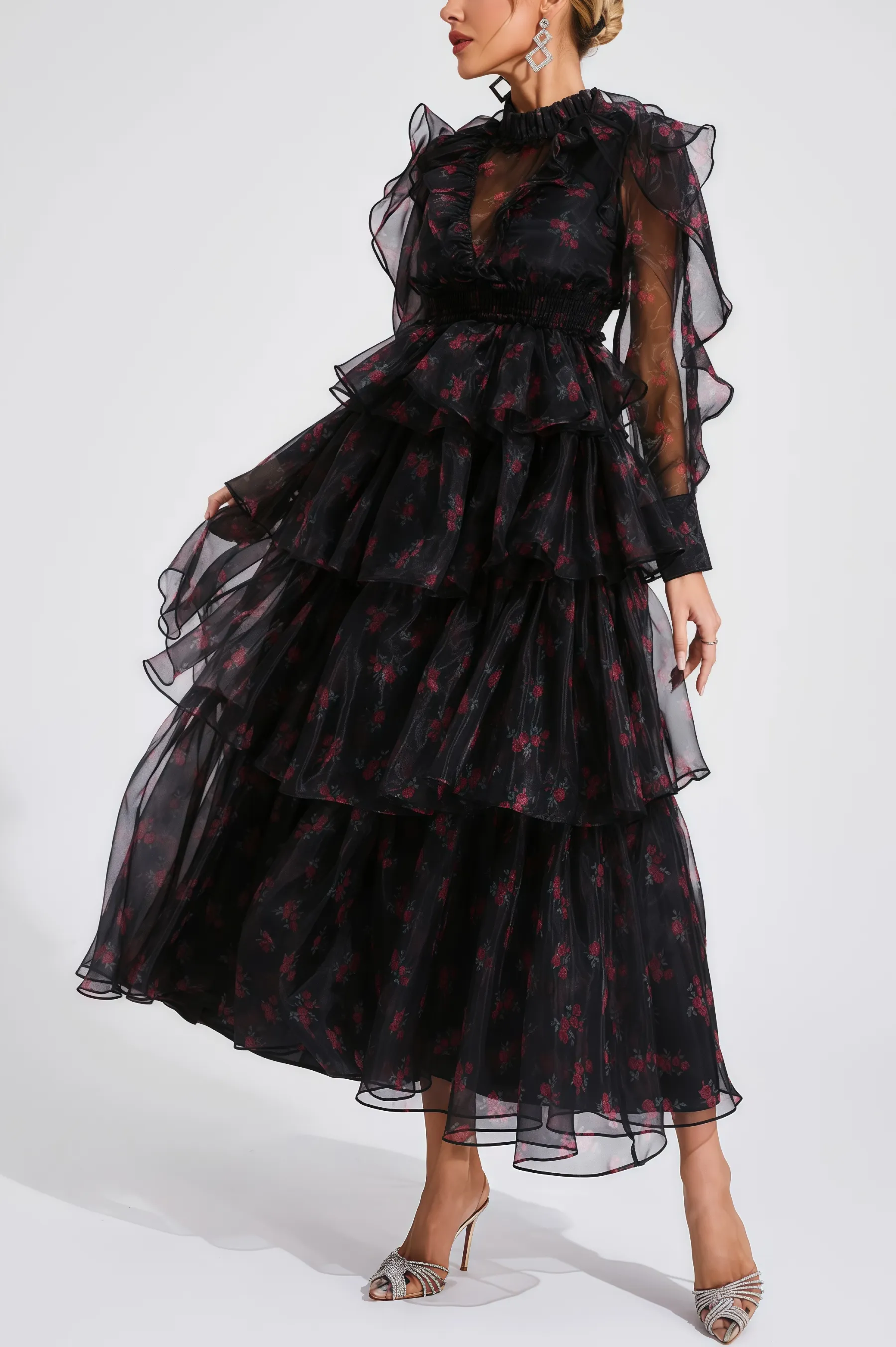 Ellarv Black Crushed Mesh Maxi Dress