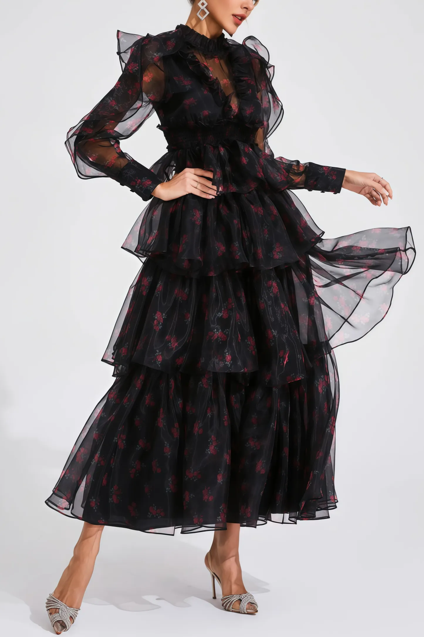 Ellarv Black Crushed Mesh Maxi Dress